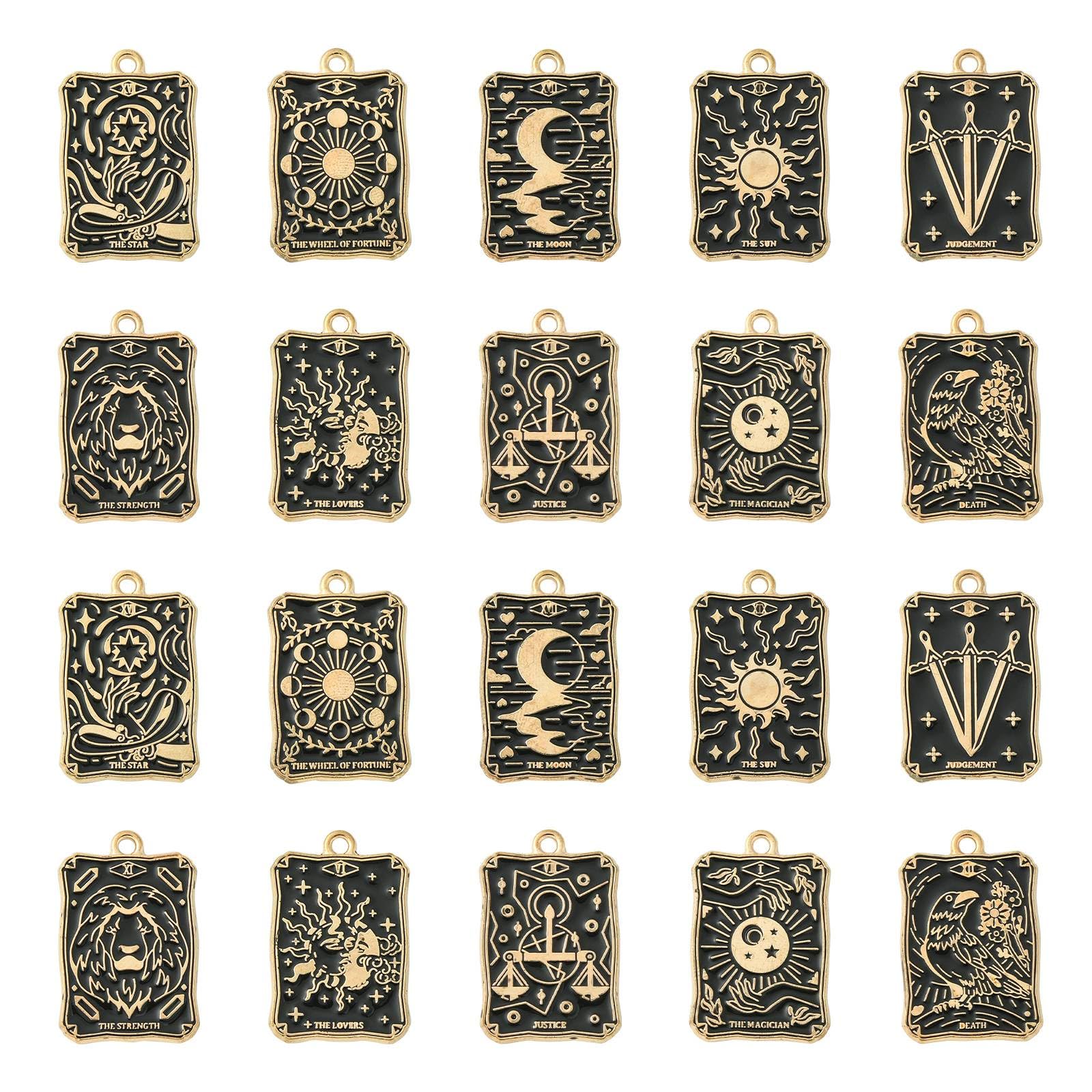 Stiesy 20Pcs 10 Styles Tarot Pendants Enamel Rectangle Card Charm Vintage Divination Dangle Charms for DIY Crafts Jewelry Making
