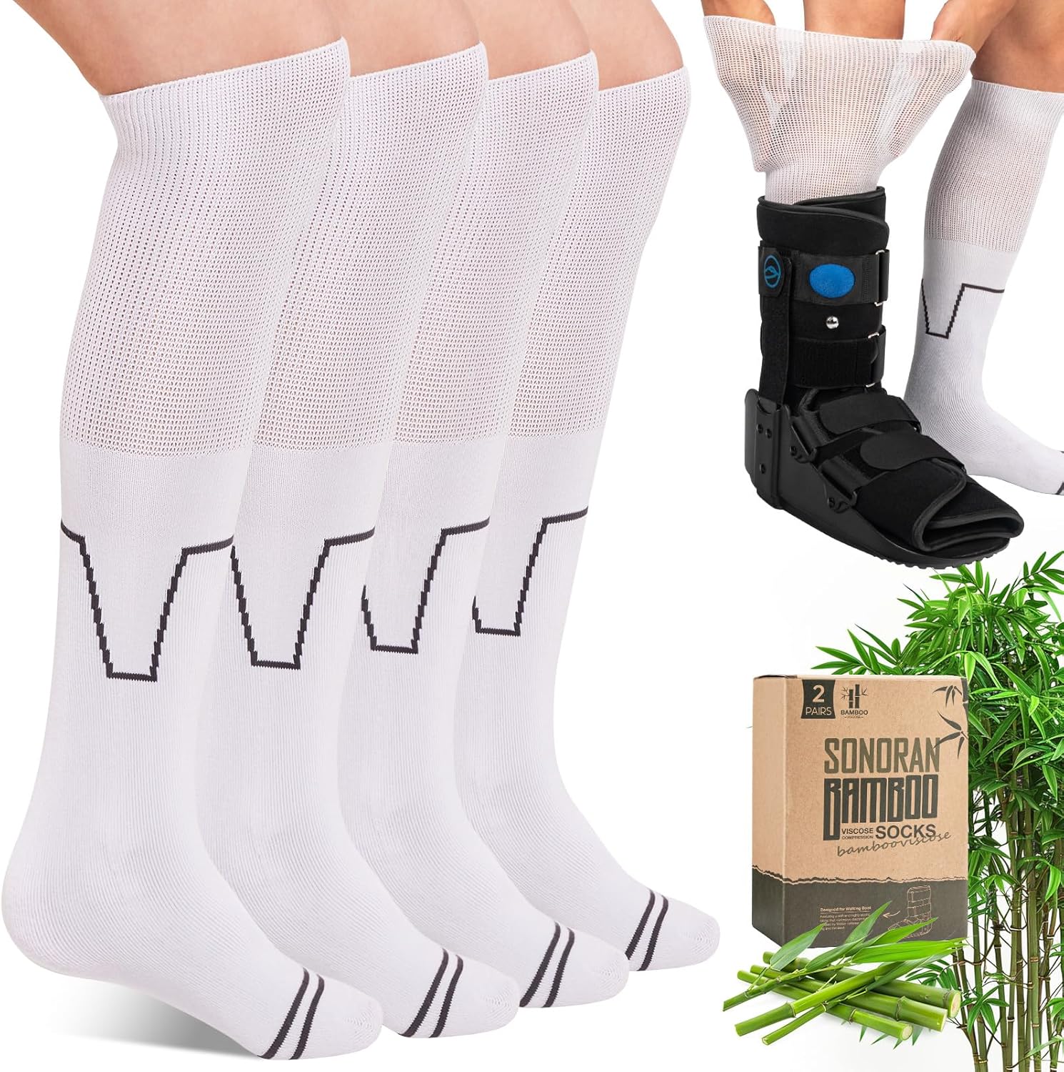 Product image of Walking Boot Socks Bamboo Viscose (2 Pairs) Lightweight Replacement Sock Liner for Medical Tube Cast Socks
