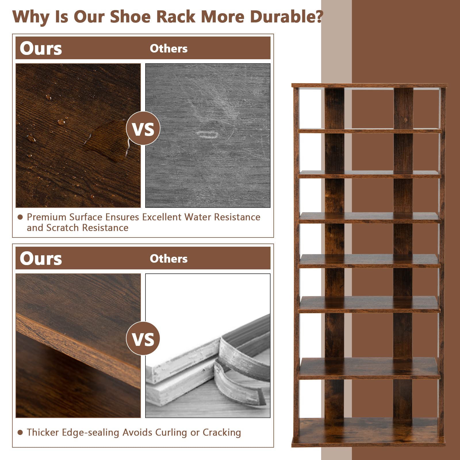 GIANTEX Schuhregal schmal und hoch, Schuhschrank Regal Holz 8 Ebenen, Schuhständer Schuhablage vertikal, Schuh-Organizer platzsparend, Holzregal Standregal Lagerregal Eckregal Rustikalbraun