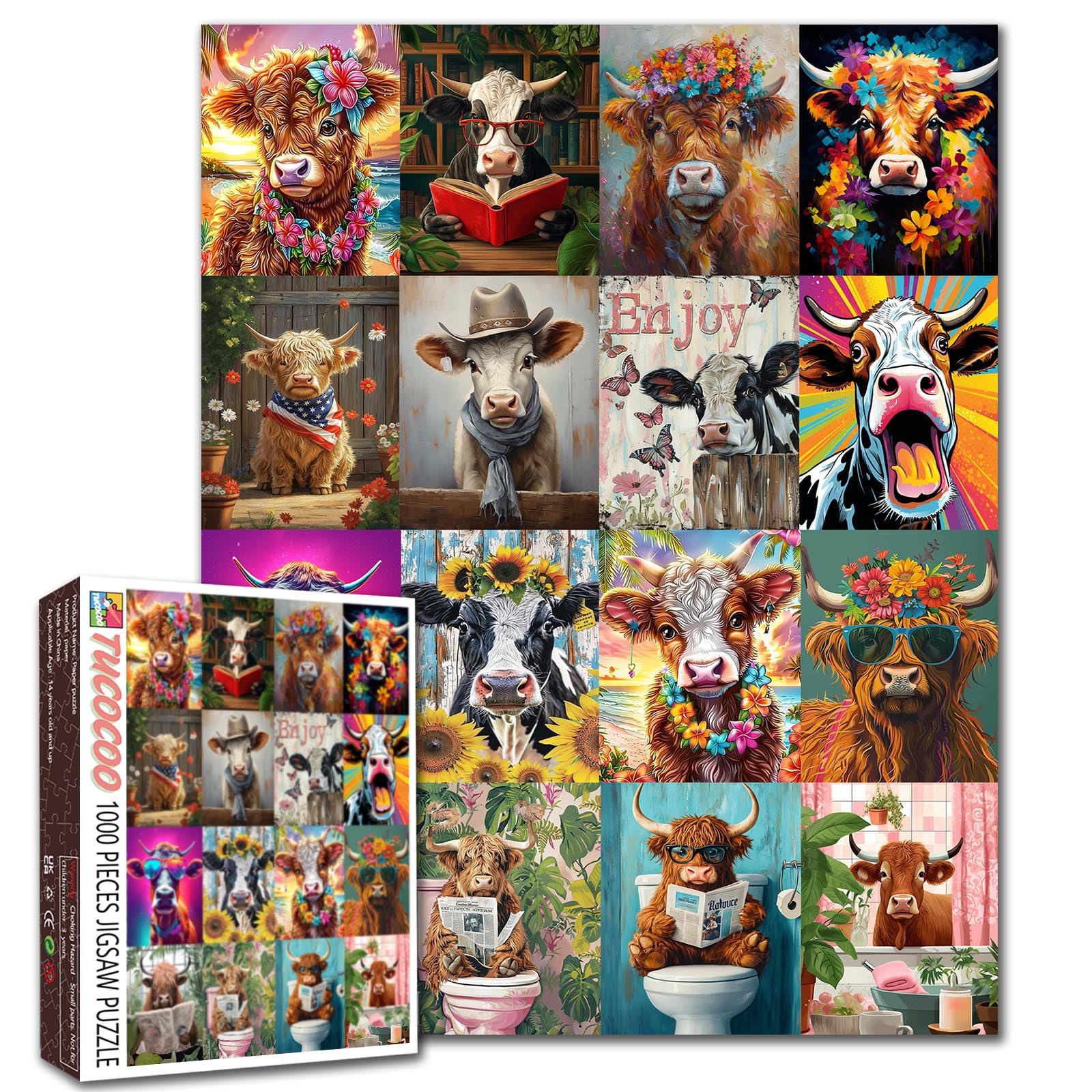 Farm Animals Jigsaw Puzzle 1000 Pieces for Adults Black and White Cow Painting Cute Beef with Flowers Game Wildlife Wall Decoration Craft Puzzle Art — image 1