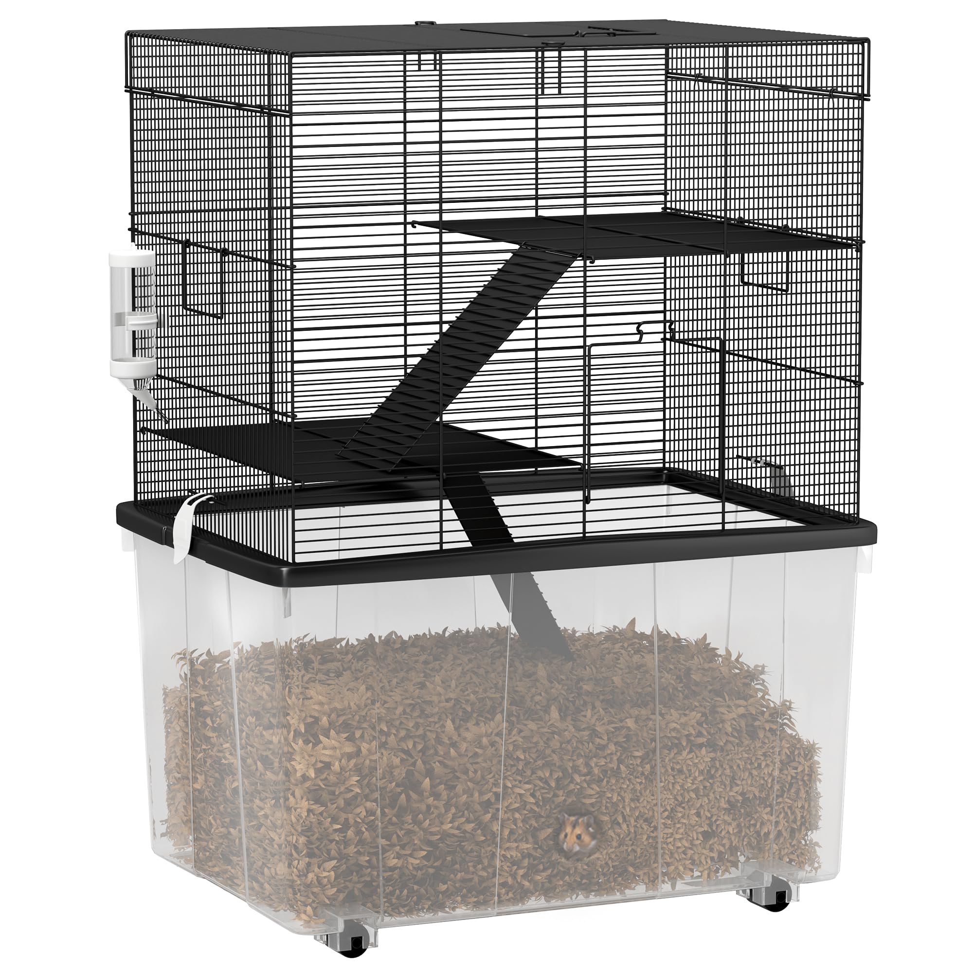 PawHut Gabbia per Criceti a 3 Livelli con Base Profonda 31 cm e Ruote, Casetta per Gerbilli con Rampe, Ciotola, Bottiglia, 58x43x74 cm, Nero