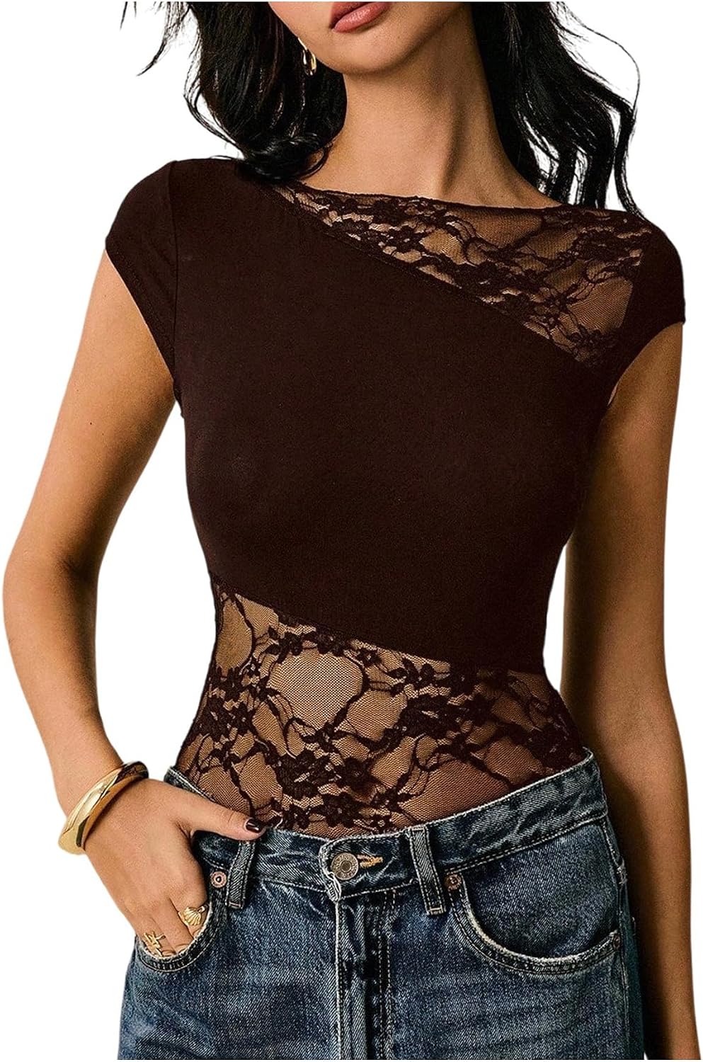 SHENHE Women's Lace Patchwork Cap Sleeve Sexy Bodysuits Sheer Mesh Boat Neck Slim Fit Going Out Tops for Concert Date