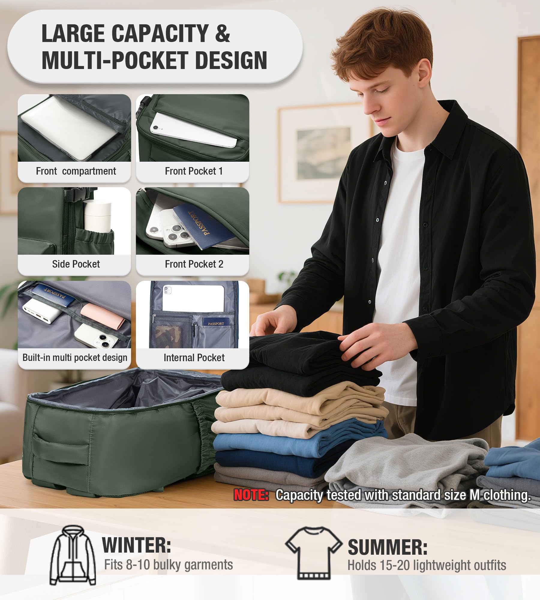 Zaino da Viaggio Grande Zaino Sottovuoto Con Pompa Donna da Escursionismo Sportivo da Esterno impermeabile Zaino Casual Laptop da 15.6 Pollici Borsa da Viaggio Uomo Verde