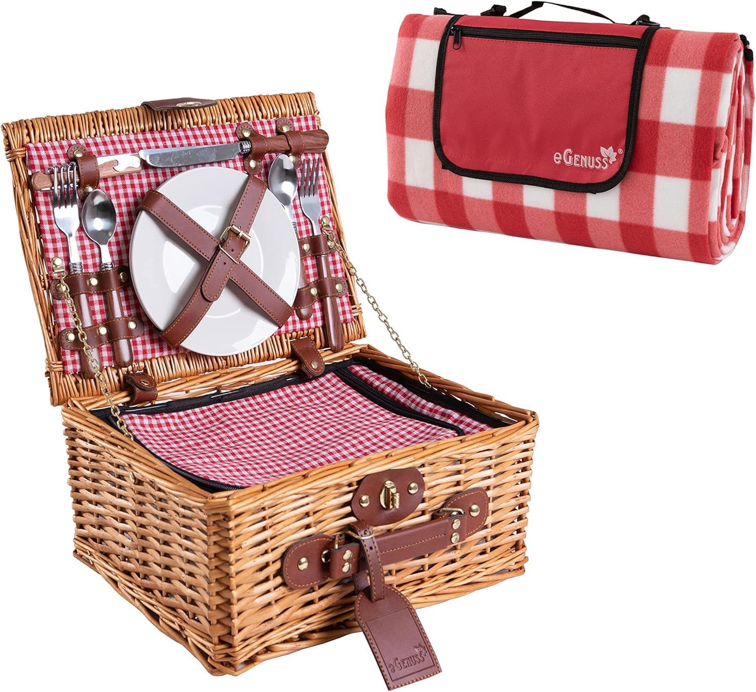 Set 1 Handgefertigtes Picknickkorb für 2 Personen mit Kühlfach und Zubehör + 1 wasserdichte Picknickdecke | Rot