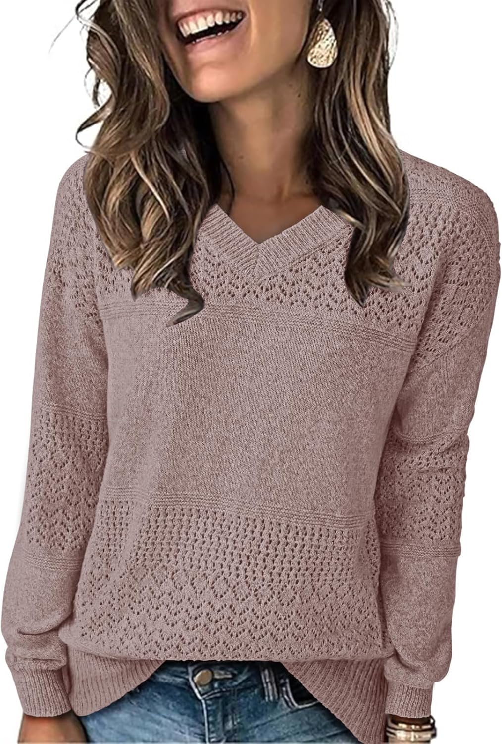 NORACORA Women's V Neck Sweaters Crochet Soft Lightweight Knit Loose Pullover Sweater Long Sleeve Fall Top 2025 Outfits - Image 2