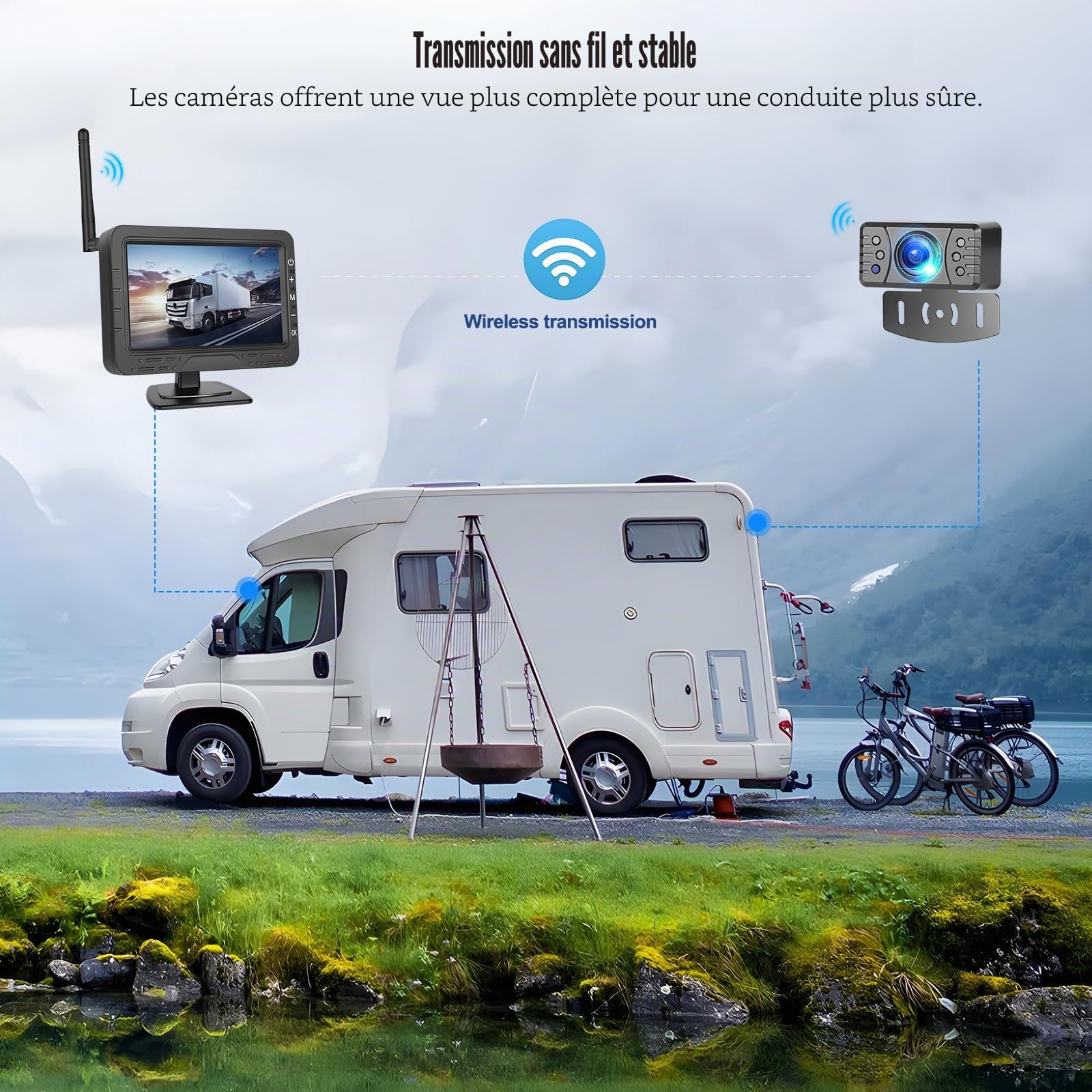 Caméra de Recul CAMECHO sans Fil 4.3 Pouces IP68 Étanche Vision de Nuit Grand Angle avec Écran TN Moniteur pour Tous Les Modèles, 12V à Haute Performance