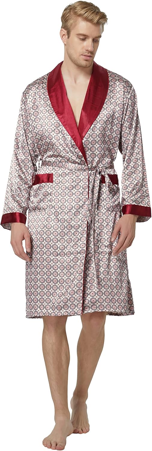 Tony & Candice Men's Satin Robe Lightweight Long Sleeve Silk Kimono Bathrobe with Shorts Set Sleepwear - Image 2