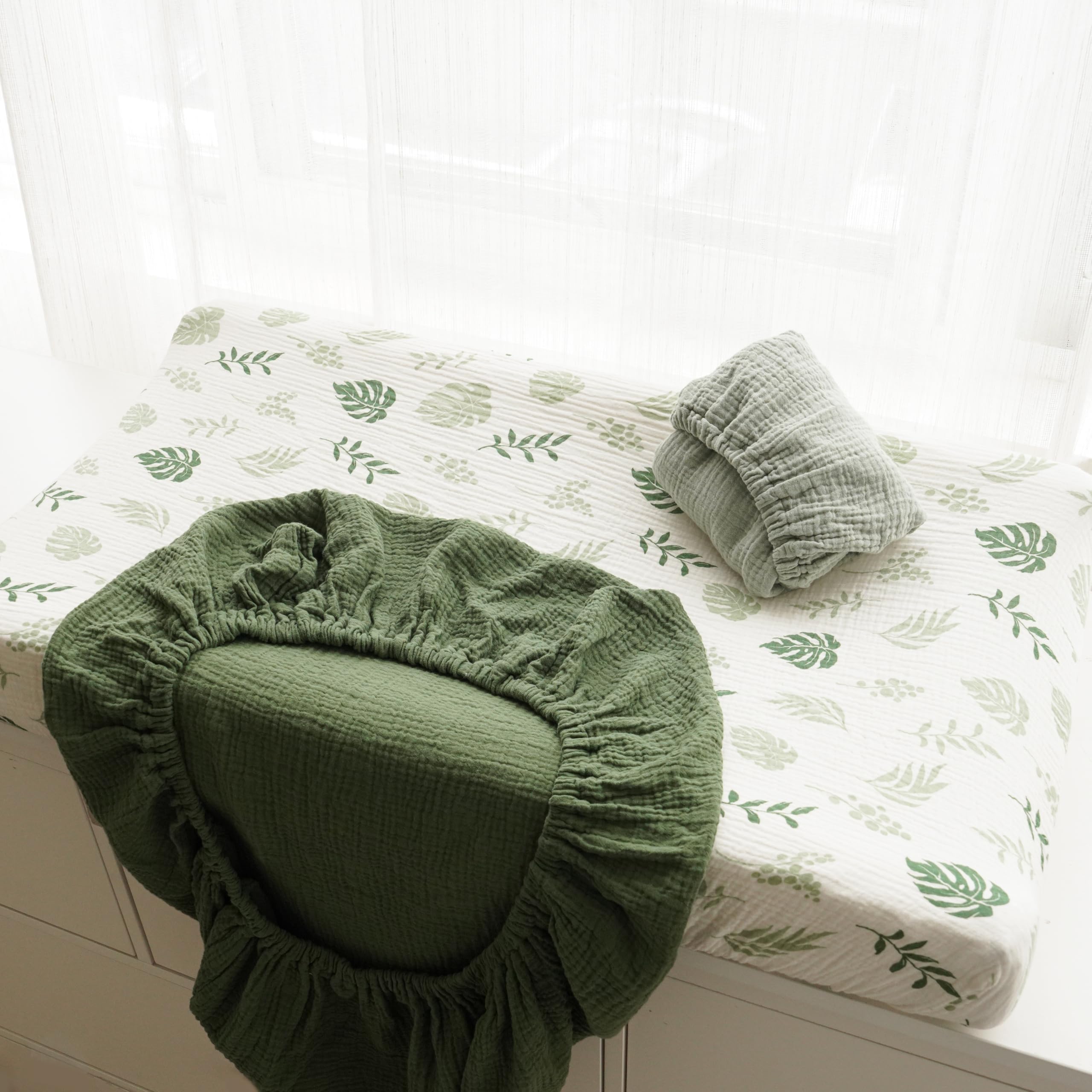 Confezione da 3 coperture per fasciatoio in mussola, per bambini e bambine, in 100% morbido cotone, traspiranti, per cameretta dei bambini, motivo: foglie