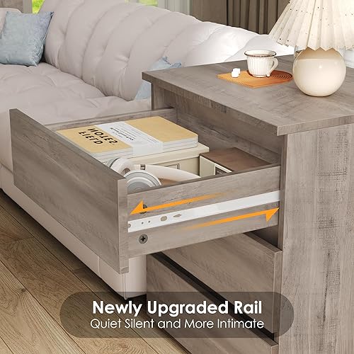 Miniatura 7 de FOTOSOK Mesita de noche gris con 3 cajones, mesita de noche para dormitorio con asa recortada, mesa auxiliar de sofá con 3 cajones para dormitorio,