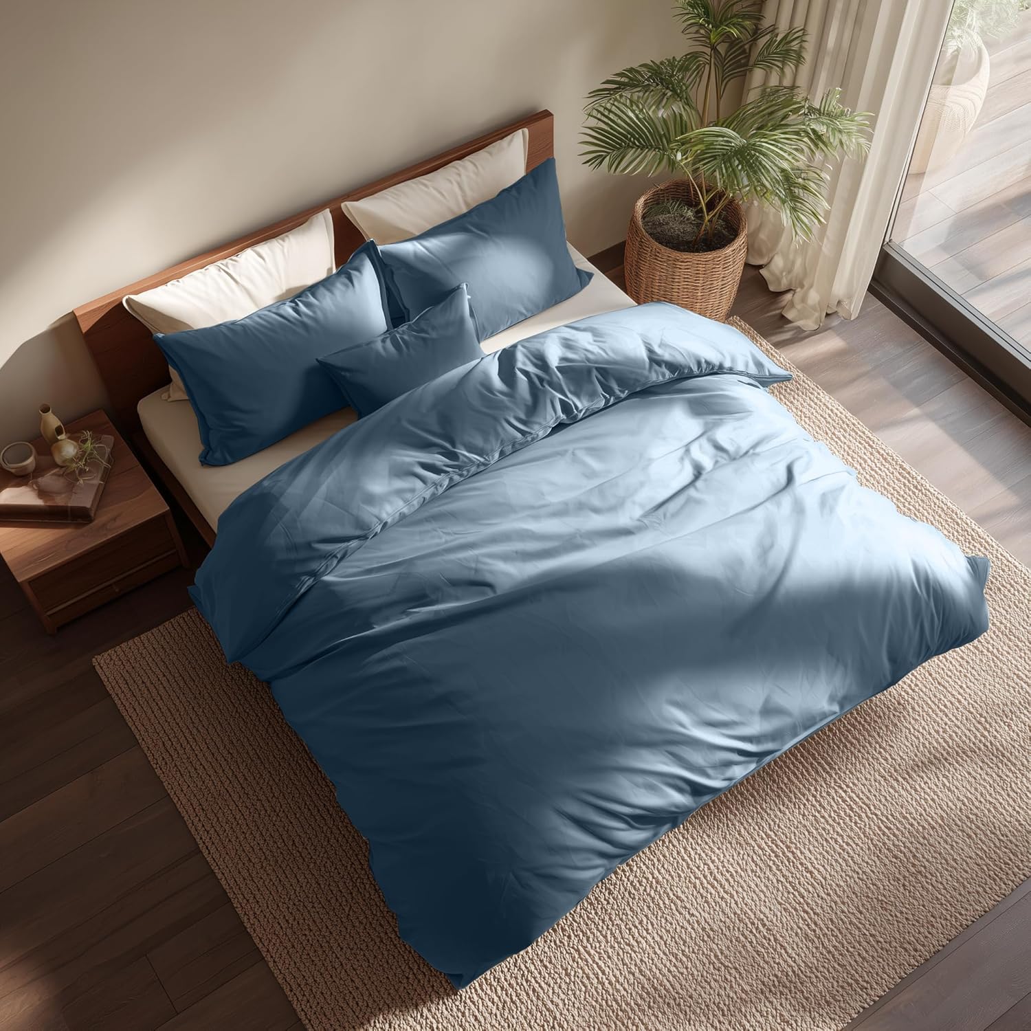 Duvet Cover Set – Lightweight & Breathable 100% Cotton Single-Layer Fabric, Tie Closure Duvet Cover + 2 Pillowcases, Machine Washable, 6 Colors,No Duvet Insert Included (Navy, Twin)