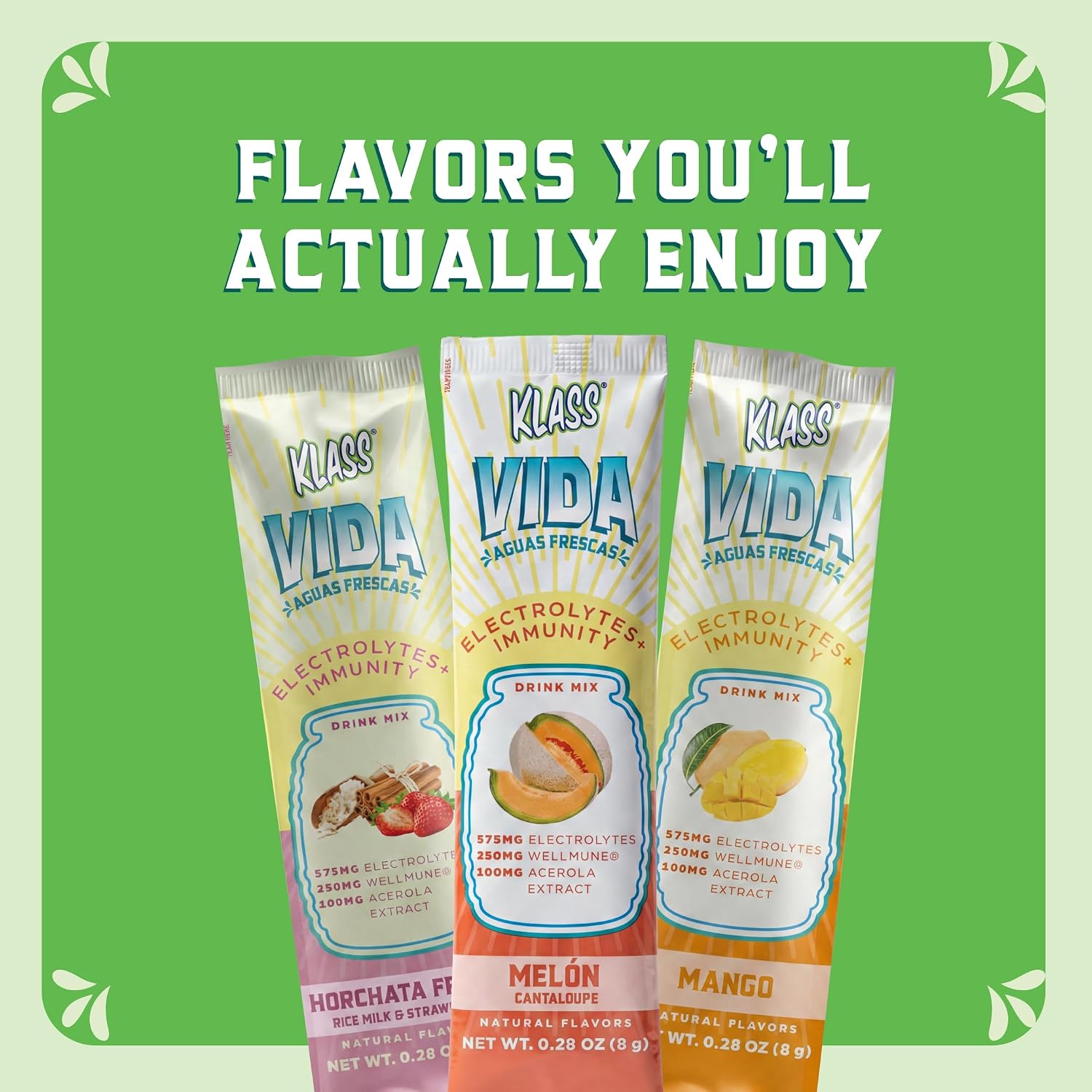 KLASS VIDA Hydration + Immunity Variety Pack Mango, Strawberry Horchata & Cantaloupe Agua Fresca Electrolyte Powder Packets | Sugar Free with Wellmune®, Acerola & Coconut Water | 15 Stick Packs