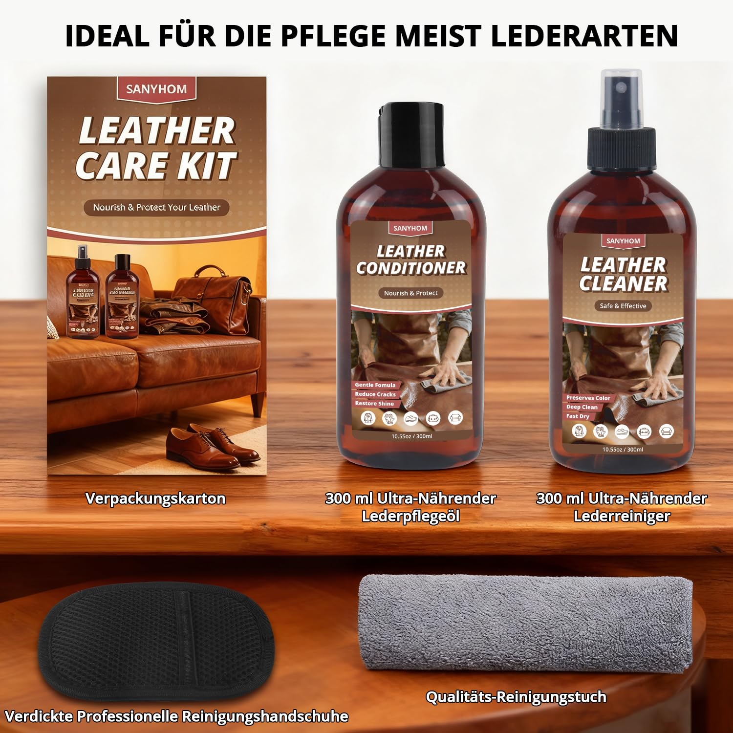Lederpflegeset Lederreiniger & Pflegemittel Set – Leder sicher reinigen & schützen mit dem Reinigungstuch-Handschuh für Auto, Möbel, Schuhe, Taschen und Bekleidung, 2 Flaschen à 300 ml
