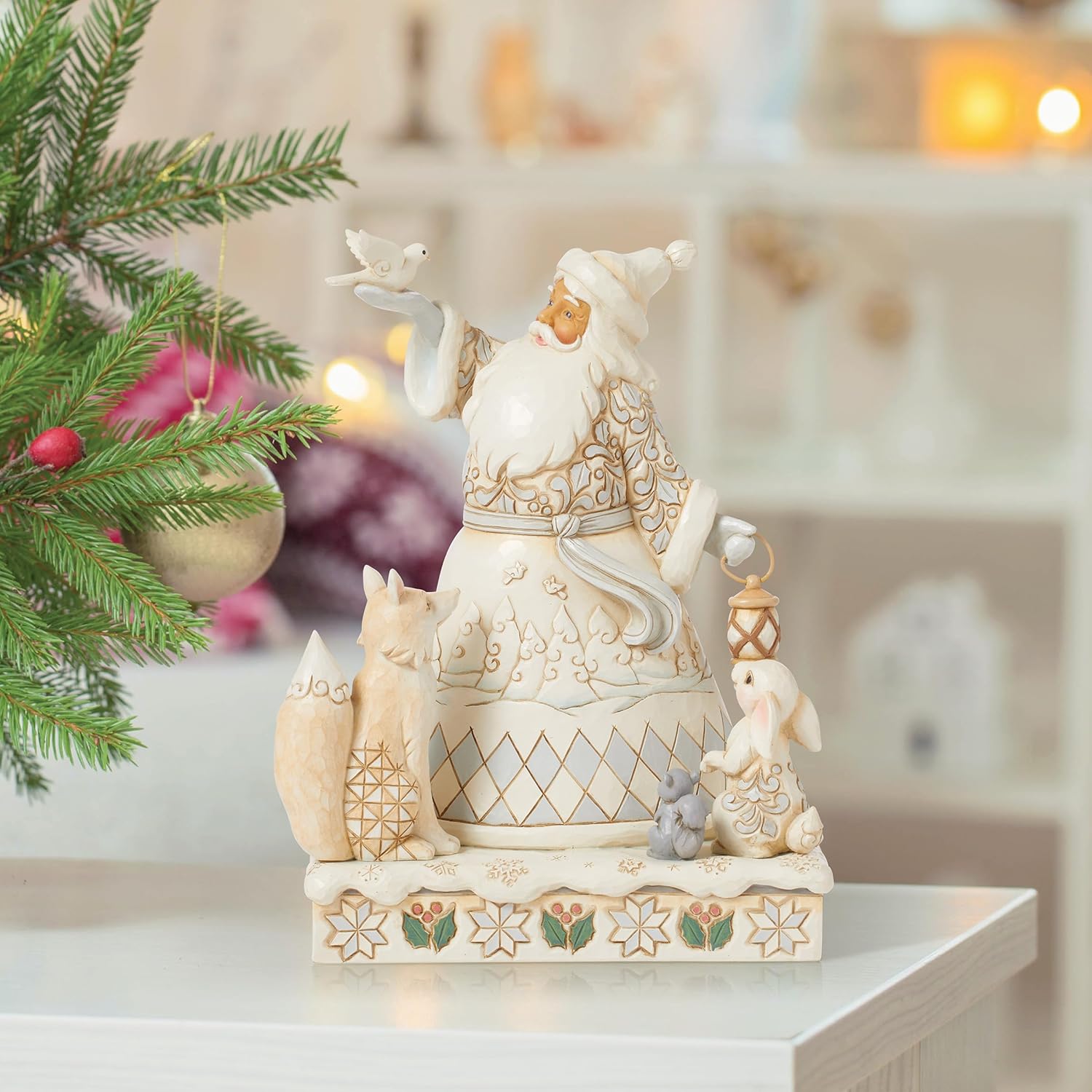 Enesco Jim Shore Heartwood Creek White Woodland Santa Holding a Dove Figurine- Stone Resin Hand Painted Crafted Collectible Santa Figurines Christmas Home Decor Statue, 7.87 Inch