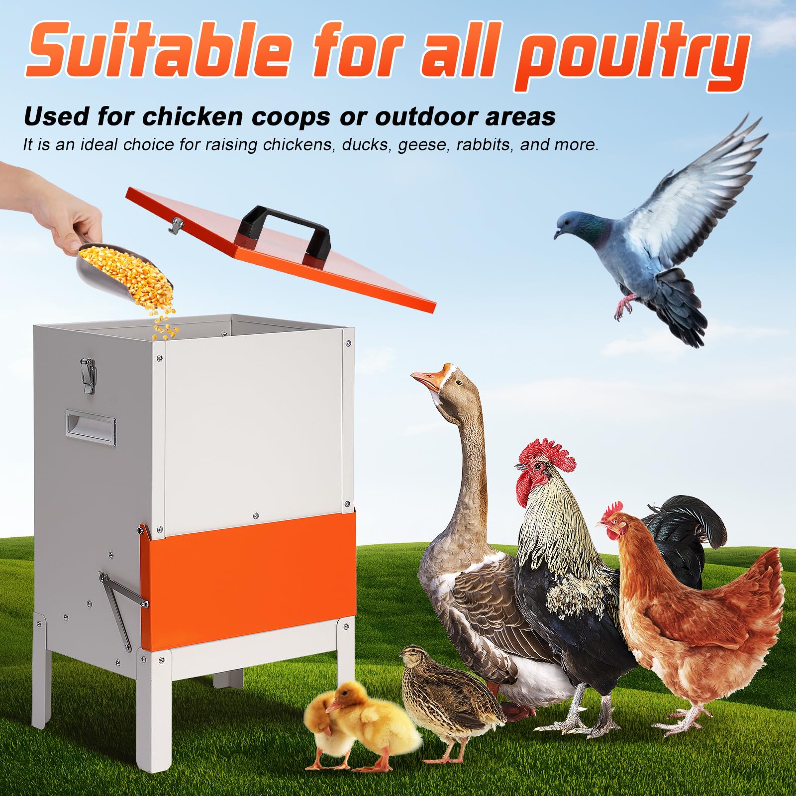 Comedero automático de 50 libras para pollos y patos, comedero grande para pollos, patos, gansos, palomas, perros, peces, gatos (naranja)