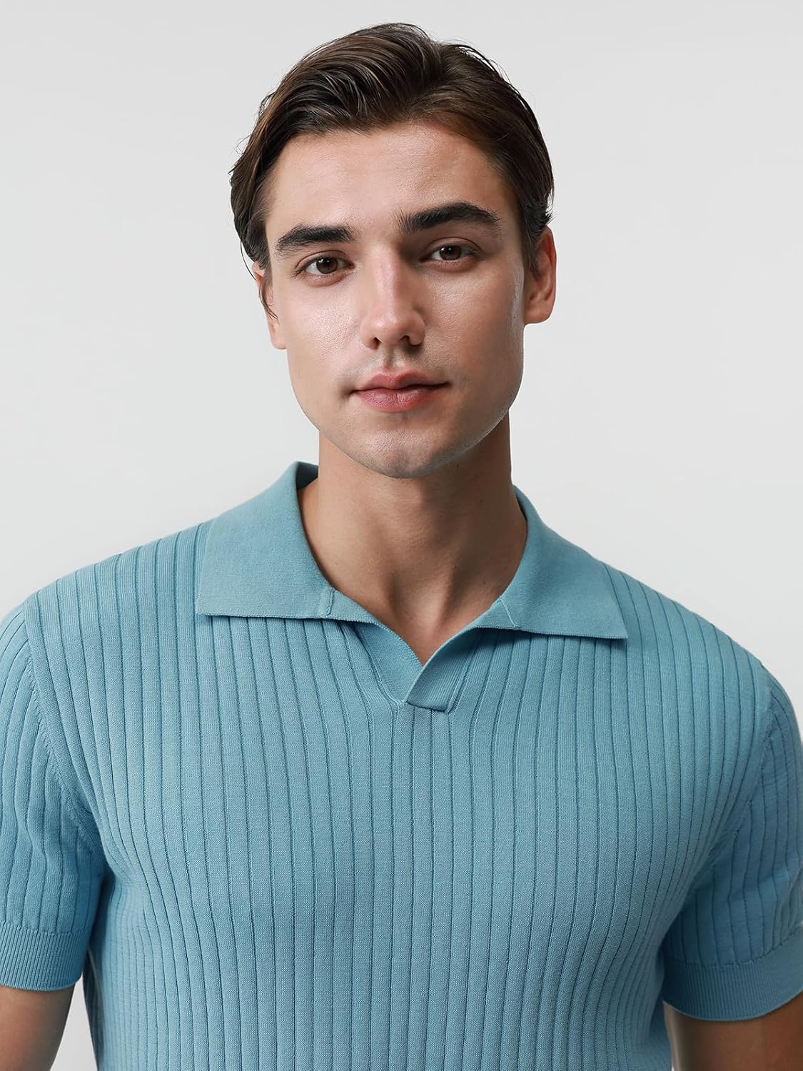 Pure BCI Cotton Short Sleeve Polo Shirts for Men Johnny Collar Sweater High Twist Ribbed Knit Buttonless Top - Image 4