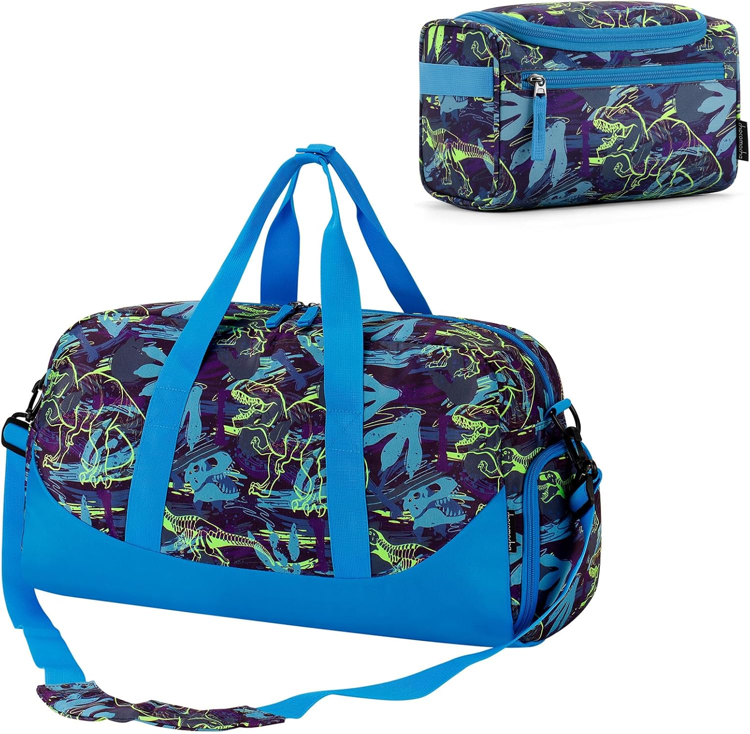 Choco Mocha Kids Duffle Bag Boys - Overnight Bags with Toiletry Bag for Weekender Travel Gym, Christmas Gifts for Boy Kid, Dinosaur Blue