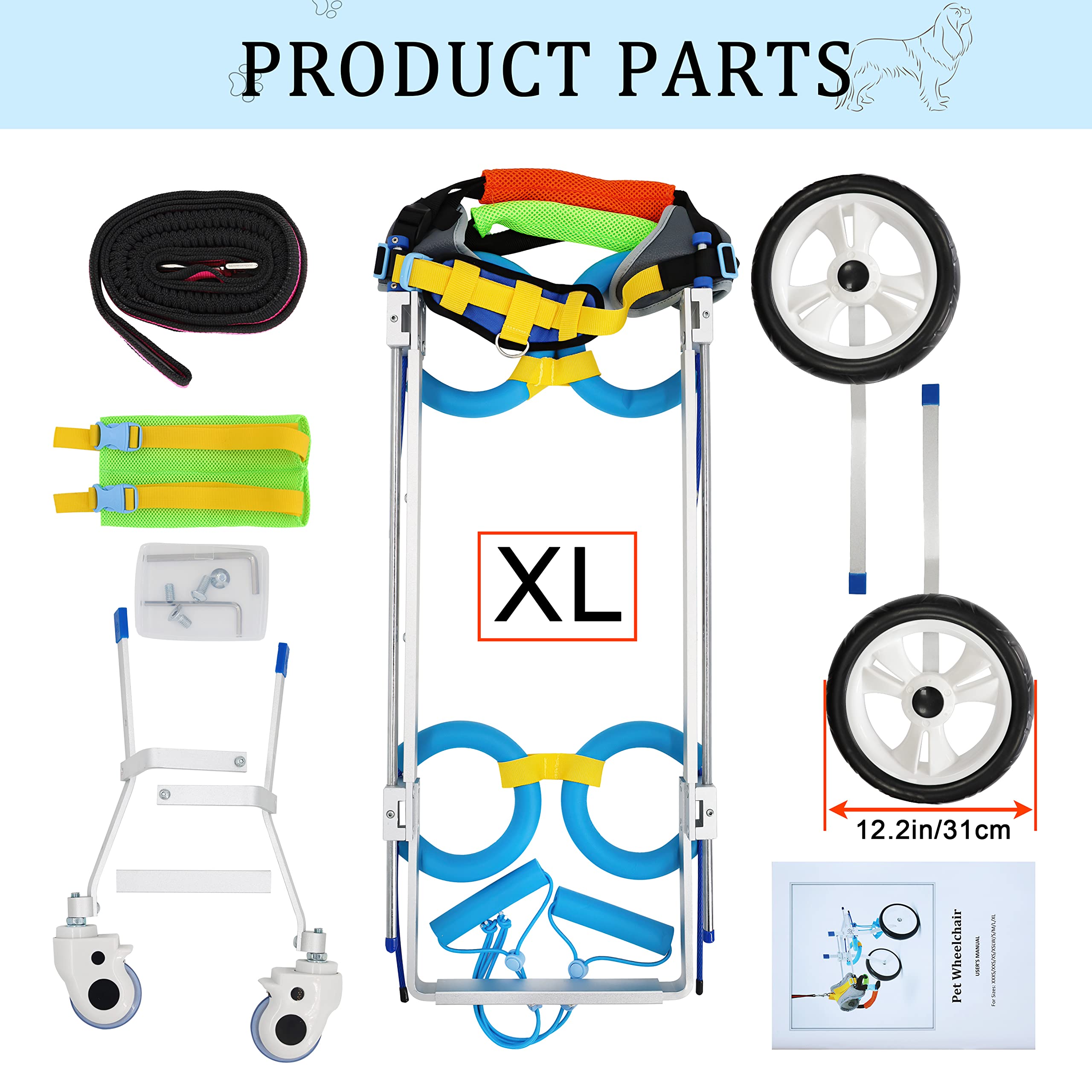 HobeyHove Adjustable 4-Wheel Large Dog Cart/Wheelchair, for Front Or Back Legs Large Dog Wheelchairï¼ŒLight Weight, Easy Assemble Light Weight, Easy Assemble(7-Size)(XL)