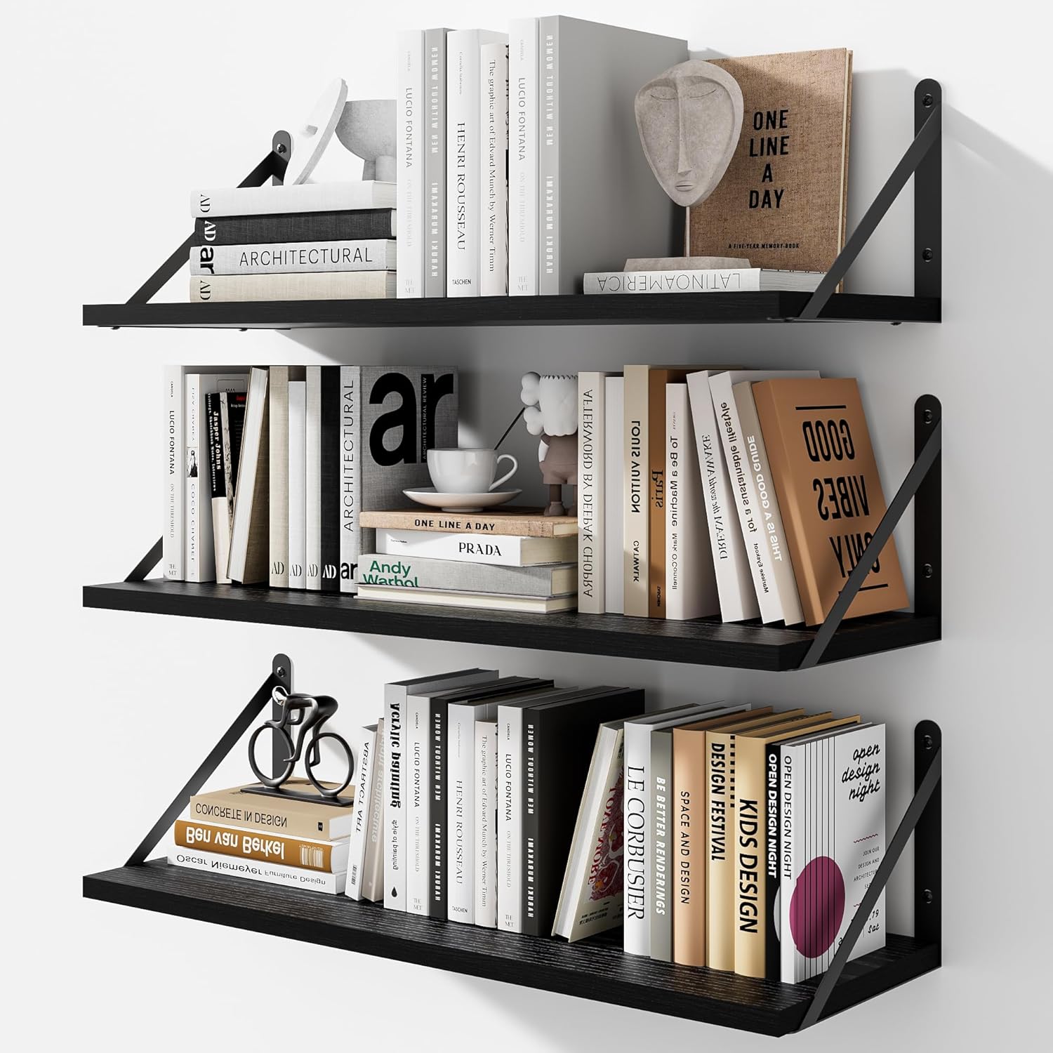 Floating Shelves for Wall, 24W x 8D Wide Bookshelf with Brackets Set of 3, Wood Wall Mounted Shelves for Living Room, Kitchen, Bathroom, Bedroom and Decor Storage(Black)