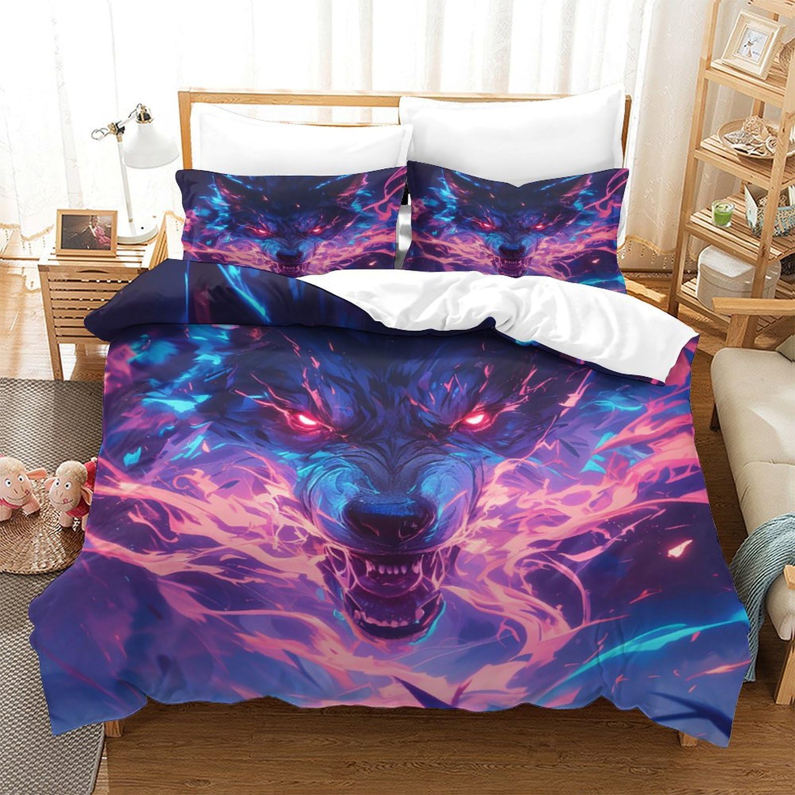 Housse de couette loup imprimé 3D avec fermeture éclair microfibre