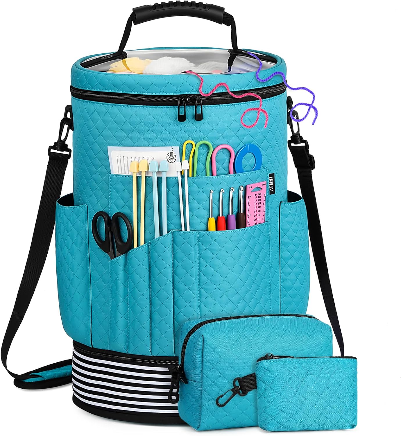 IBFUN 3PCS Crochet Yarn Storage Bag - Expandable Organizer with Clear Lid, Grommets, Pockets & Adjustable Strap for Hooks, Needles & Supplies