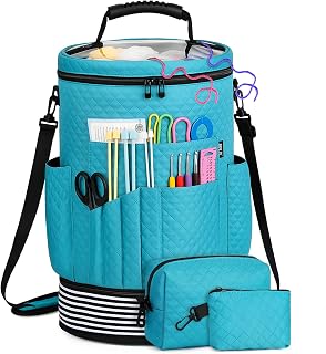 IBFUN 3PCS Crochet Yarn Storage Bag - Expandable Organizer with Clear Lid, Grommets, Pockets & Adjustable Strap for Hooks, Needles & Supplies