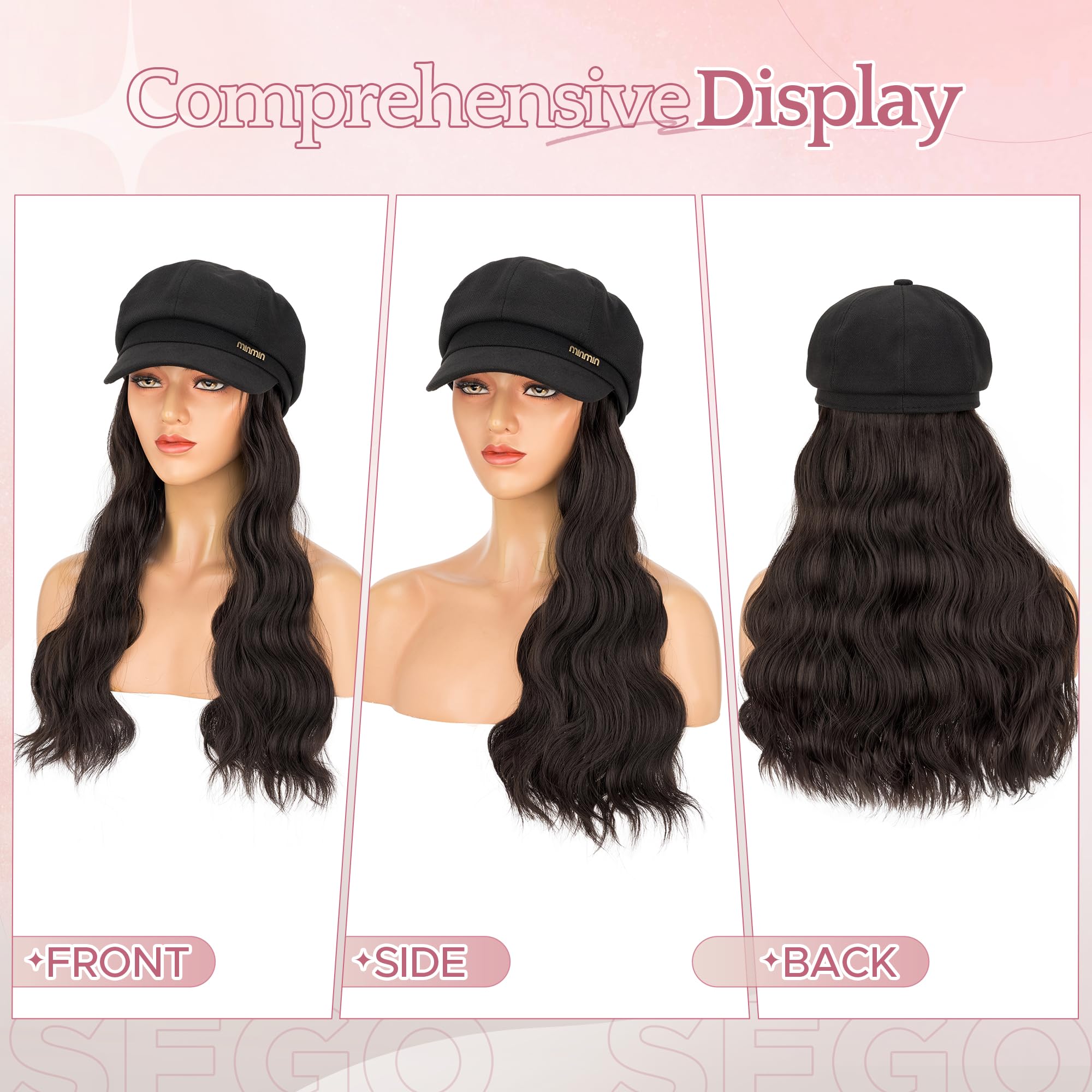 SEGO 18 Inch Long Wavy Hair Extension With Attached Black Beret Hat Synthetic Hairpiece Fashionable For Women - Dark Brown - Image 3