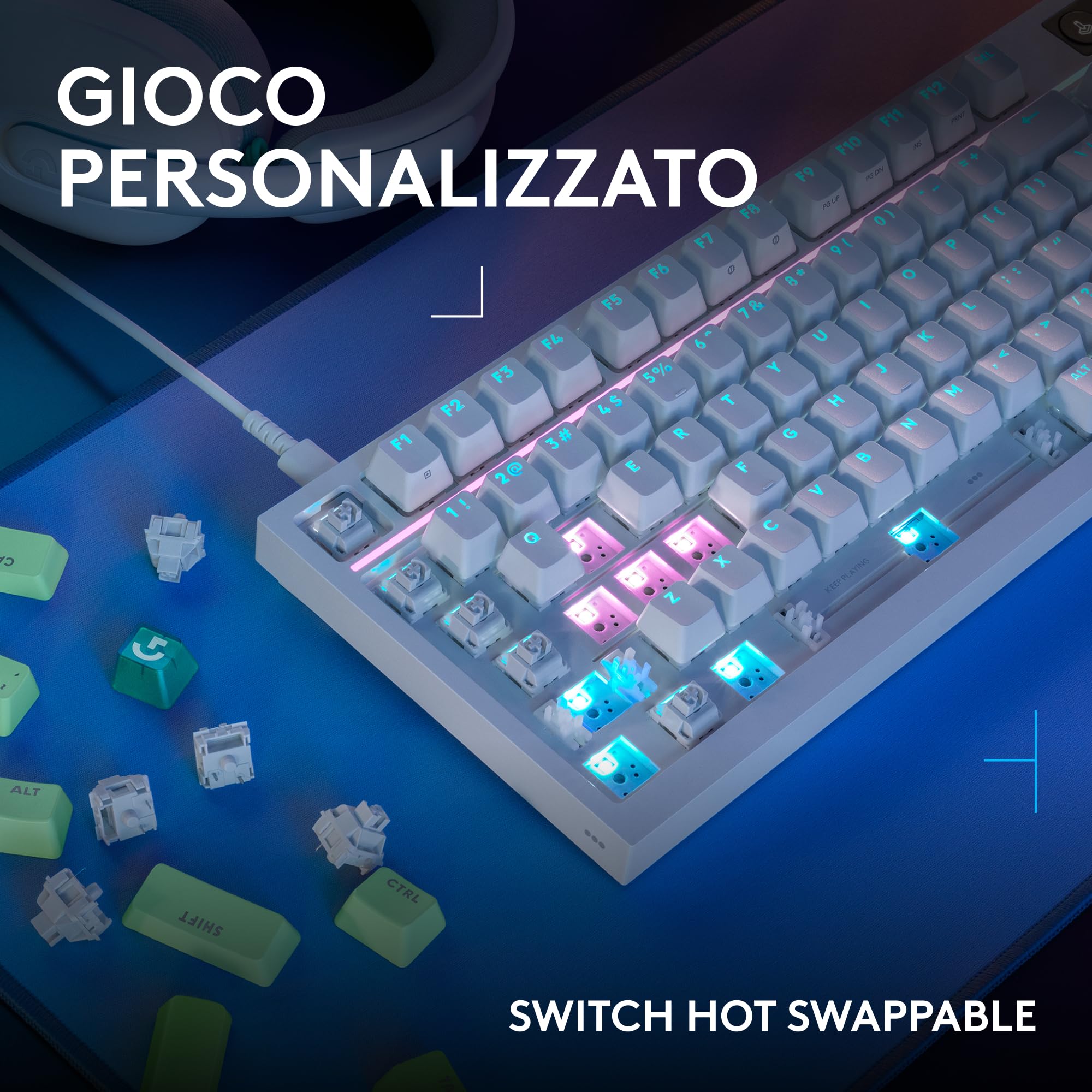 Logitech G G316 X 98, tastiera gaming, 8 kHz, switch Tactile hot-swap, struttura a guarnizione, display LED matrice & manopola, tasti PBT bicomponente, USB-C, RGB LIGHTSYNC, PC, ITA QWERTY - Bianco