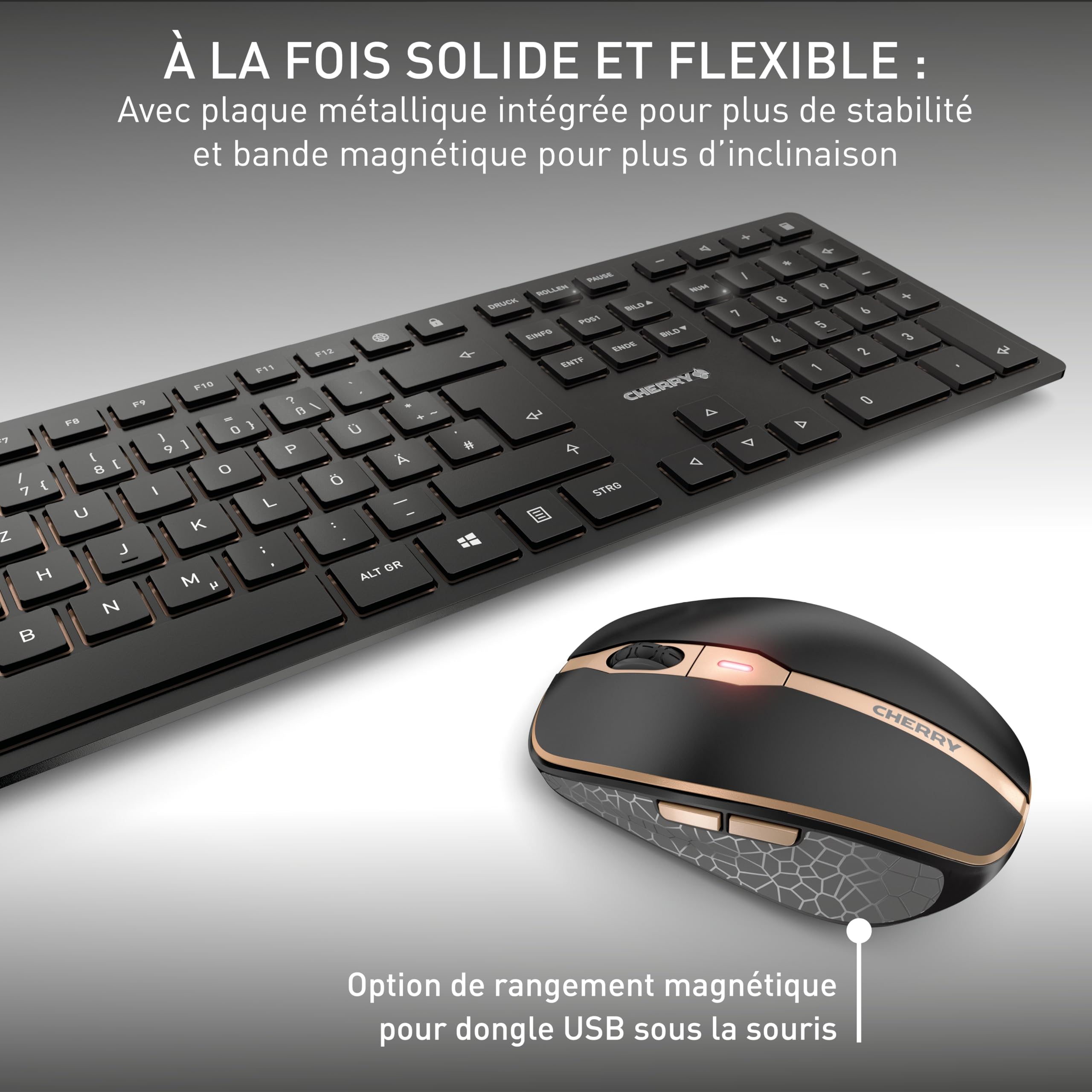 CHERRY DW 9100 Slim, Ensemble Clavier et Souris sans Fil, Disposition française (AZERTY), Bluetooth et Radio 2,4 GHz, Touches silencieuses, Rechargeable, Noir Bronze