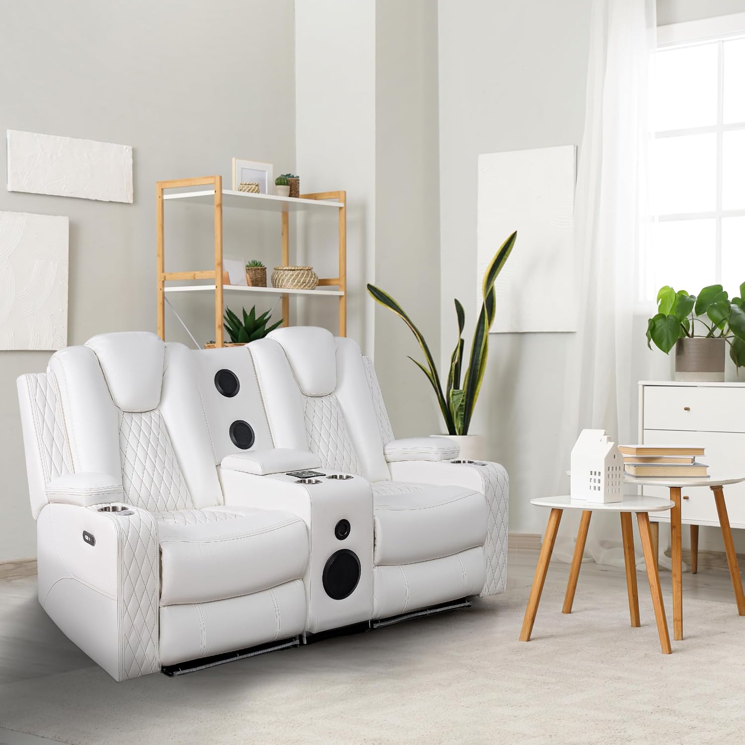 Naomi Home Chicago Home Theater Loveseat Recliner with Bluetooth Speakers, LED Lights, Wireless Charging, Storage Console & Cup Holders - White