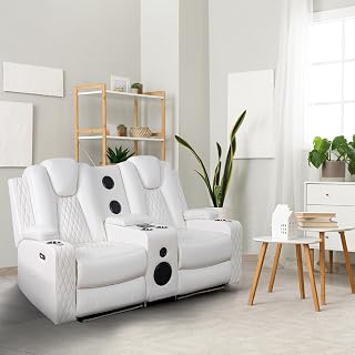 Home Theater Seating, Gaming Chairs for Adults, Wireless Charging Movie Theater Chairs, Power Recline Loveseat with 6 Cup Holders and Tray, Powerful in-Built Speaker, USB Ports, Air Leather – White