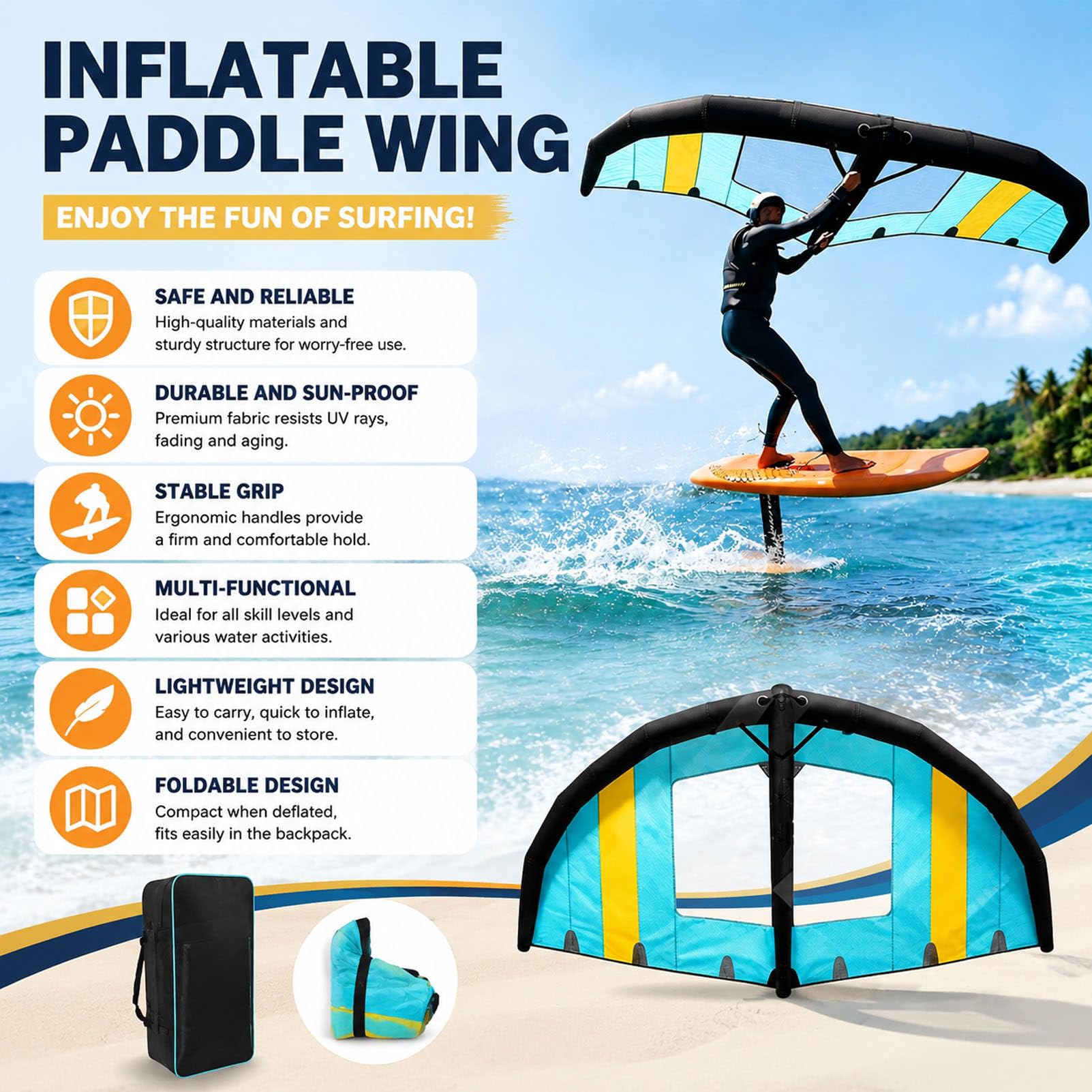 Aufblasbarer Surf-Windflügel mit ergonomischem Griff 4m² | 4/5/6 m² Flügelsegel mit zwei Luftkammern für Erwachsene, die Wingfoiling, Stand-Up-Paddling und Hydrofoiling betreiben