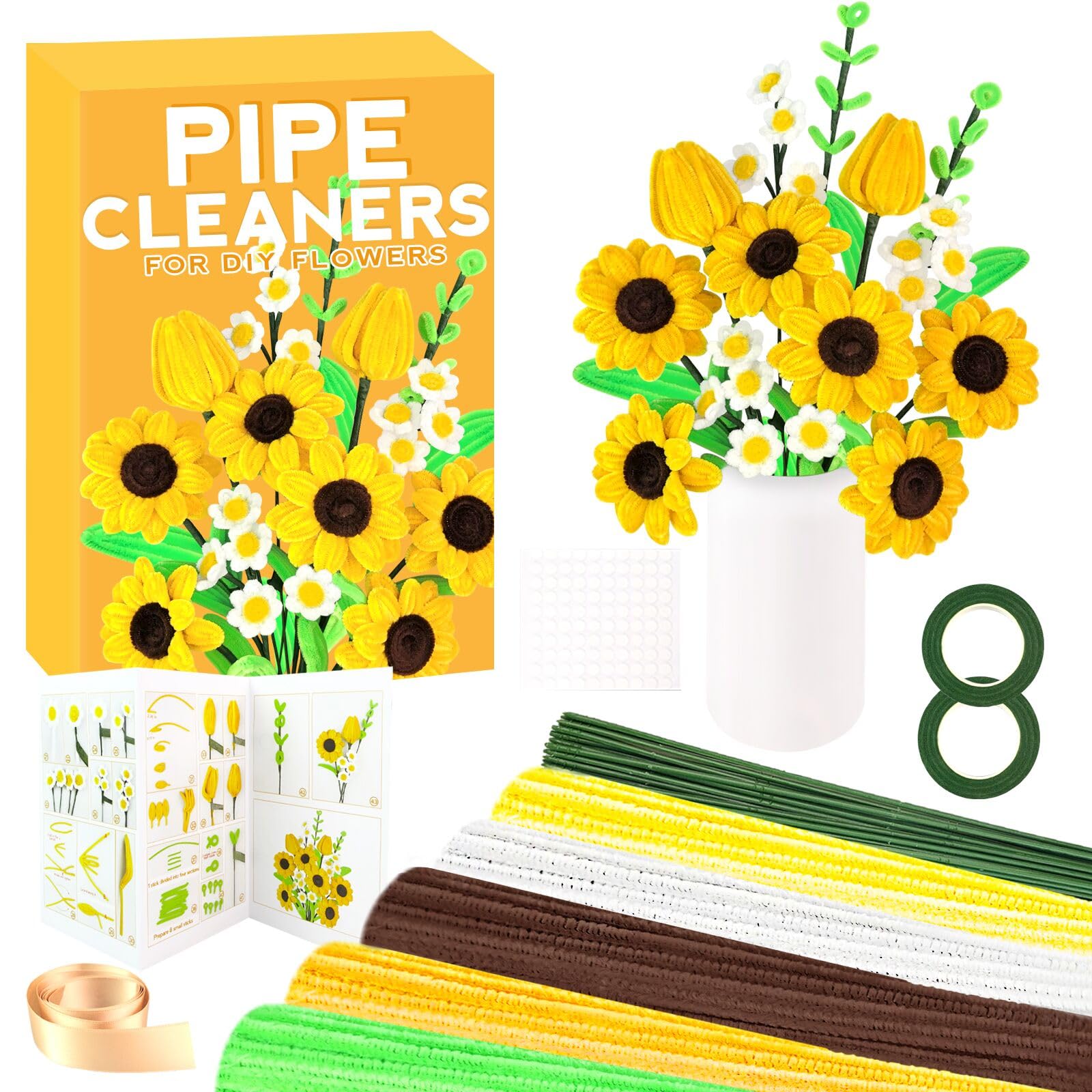 ZEIZHUBN Pfeifenreiniger Blumen Set, 300 Stück Pfeifenputzer zum Basteln, Pfeifenreiniger zum Basteln, 3 Farben Pipe Cleaner mit Blumendraht, Blumenband für Blumenstrauß DIY Dekorationen