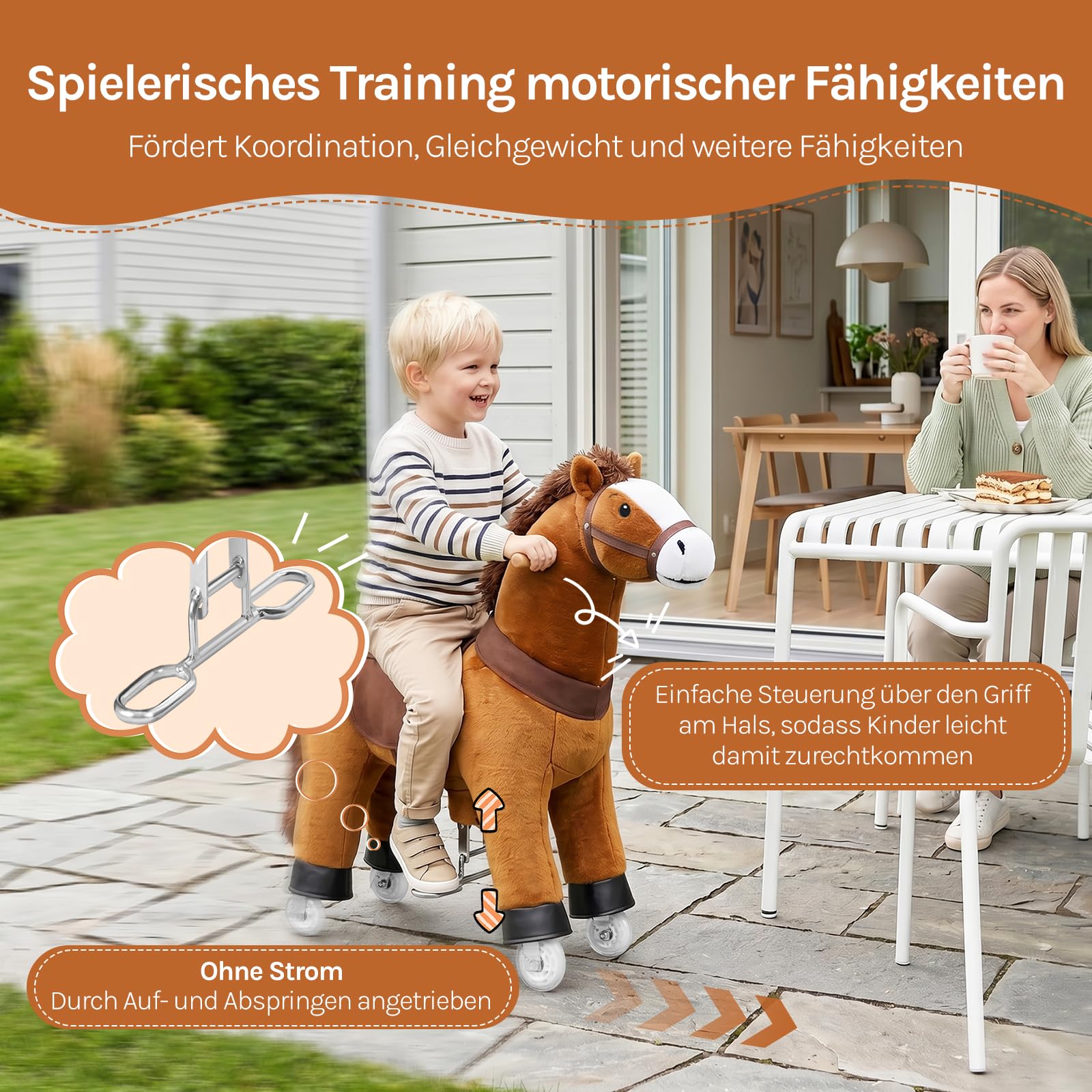 WOLTU Reitpferd für Kinder ab 4 Jahren, Plüschpferd auf Rollen mit Soundfunktion, Stehpferd aus Holz und Metall, Spielpferd zum Reiten, Kinderpferd für drinnen und draußen, Braun