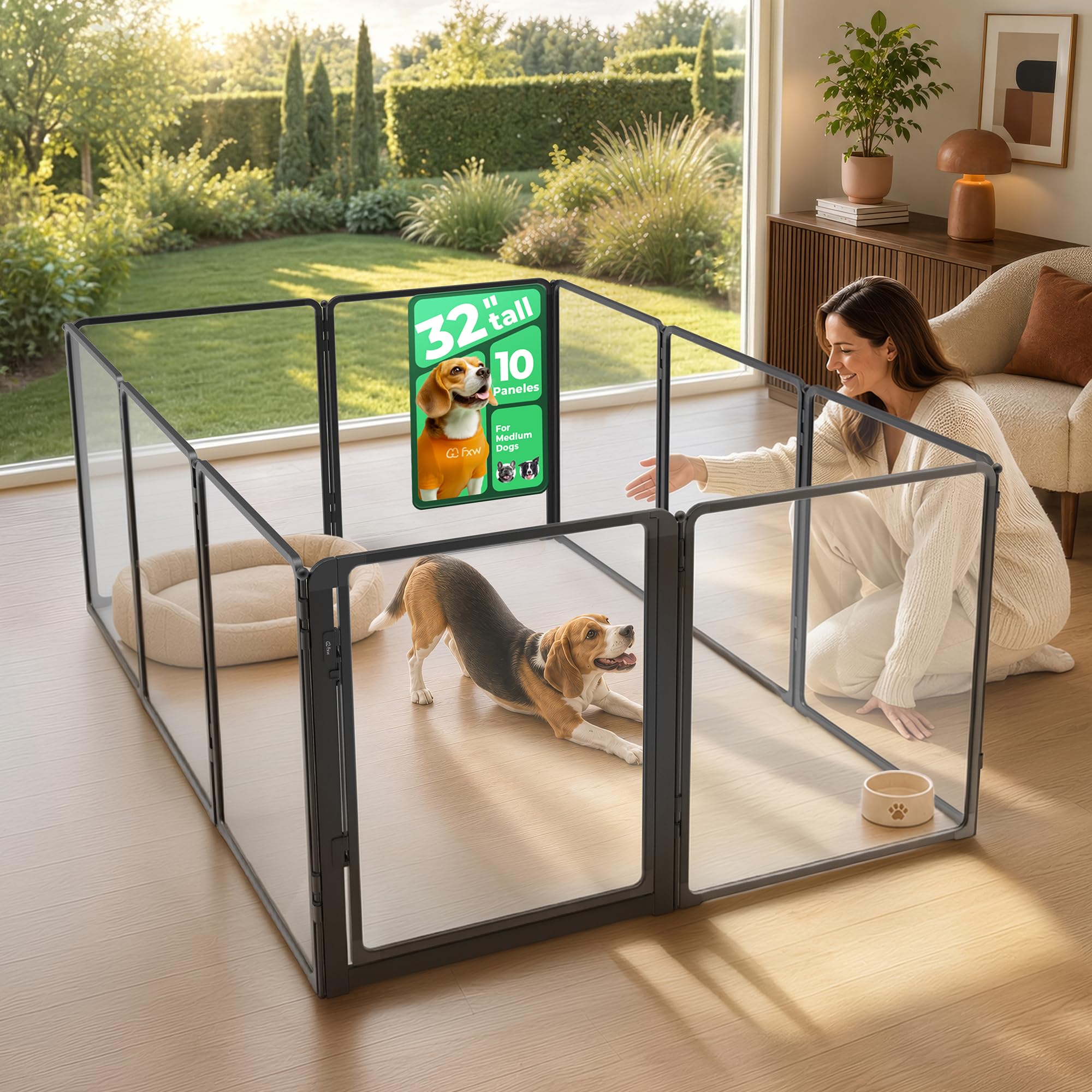 FXW AuraSpace Pro Clear Acrylic Indoor Dog Playpen, 32" H, 10 Panels