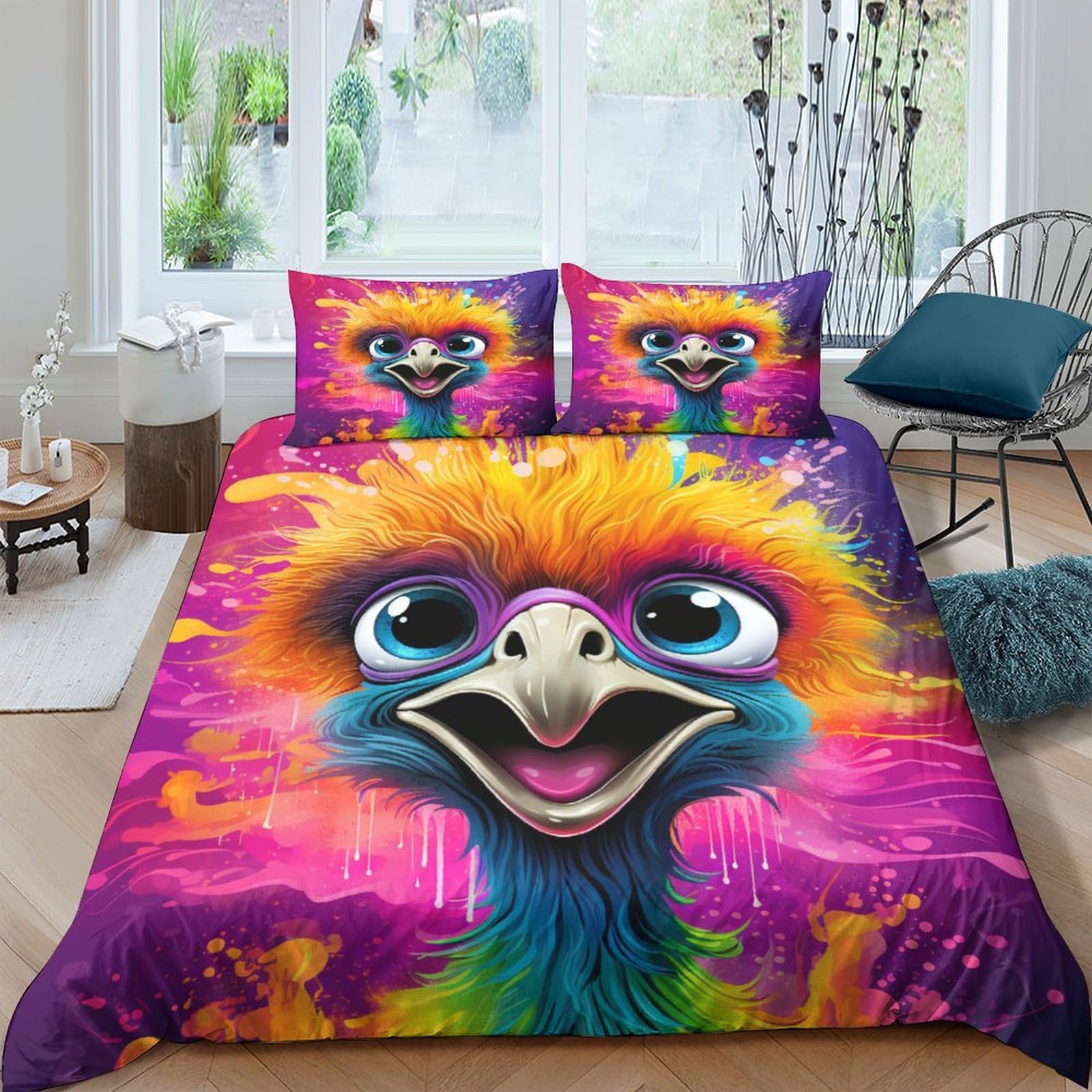 Housse de couette autruche 3D parure de lit manga 3 pièces microfibres 220x240