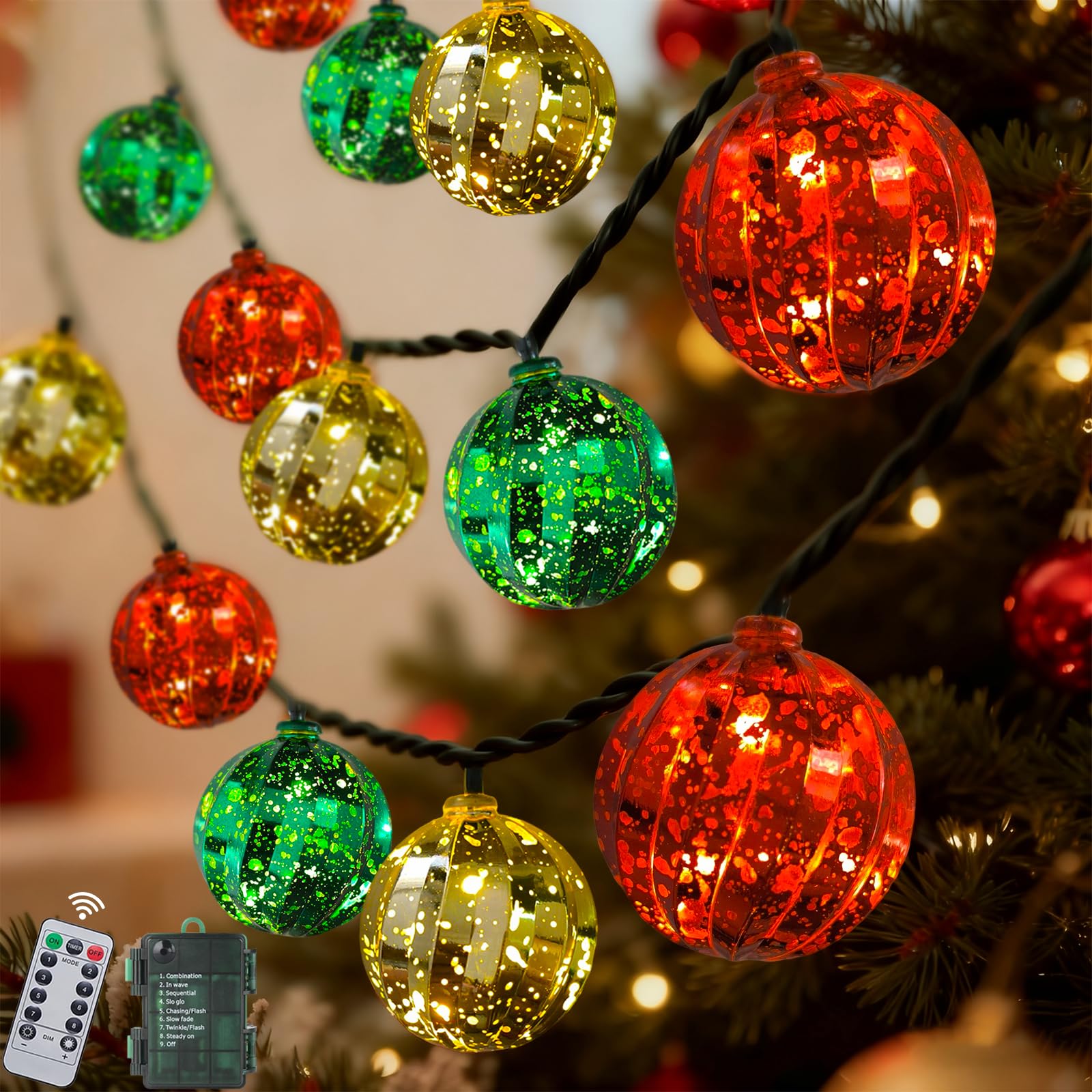 Guirlande lumineuse de Noël à piles, 7,7 m, 20 LED rouge, verte et dorée avec minuterie et 8 modes, étanche, pour arbre, chambre à coucher, fenêtre, porche, décoration