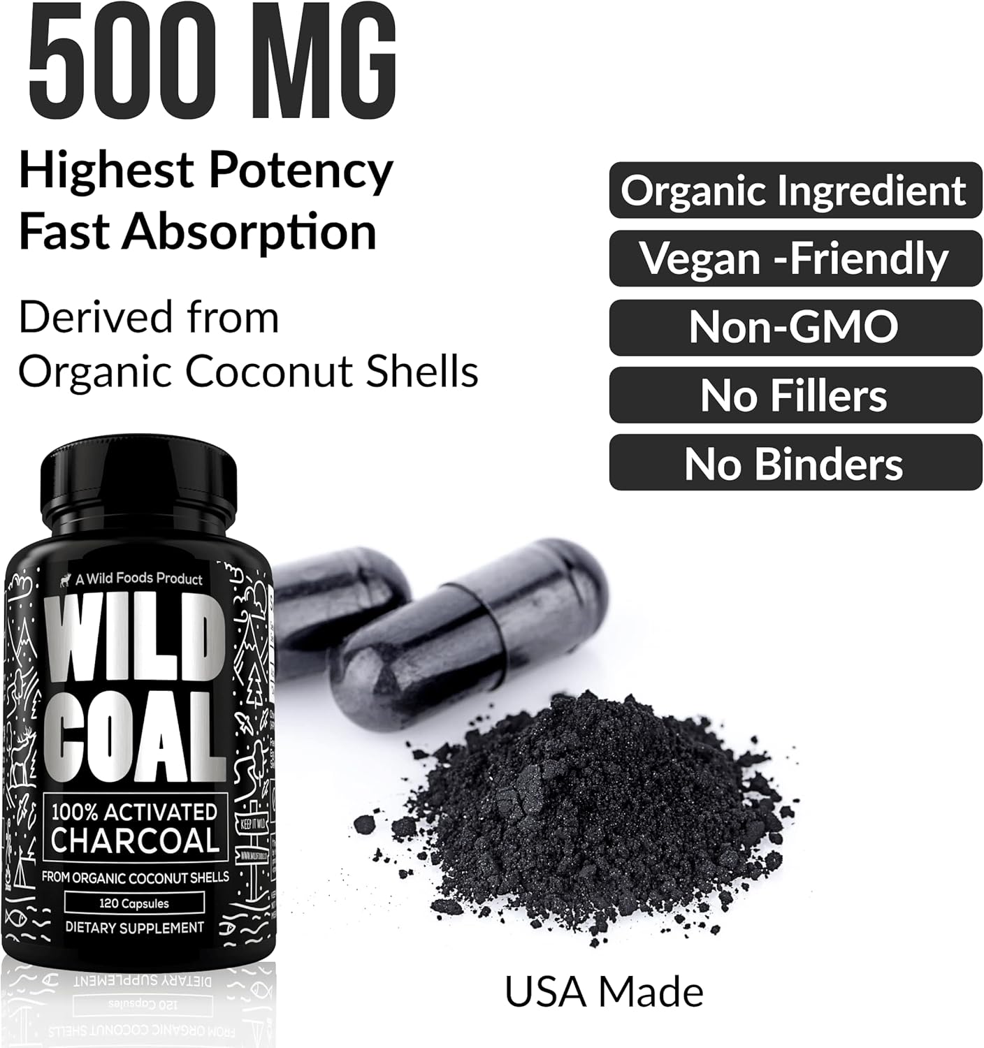 Wild Activated Charcoal Capsules from 100% Organic Coconut Shells - Digestion & Gas Relief, Ease Hangovers and Eating Out - Lab Tested, USA Made, Non-GMO, Premium Purity (120 Capsules) : Health & Household