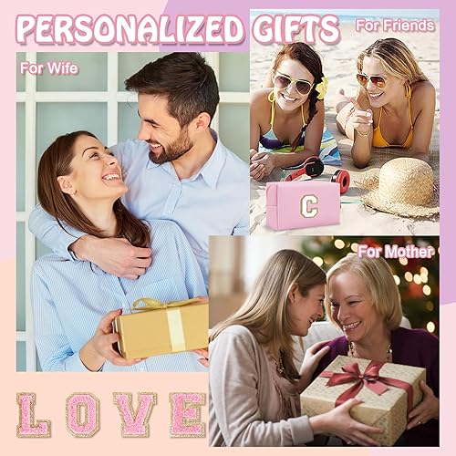 Miniatura 7 de Biileen Bolsa de maquillaje preppy inicial personalizada Pequeña bolsa de carta de chenilla de viaje linda, Rosado