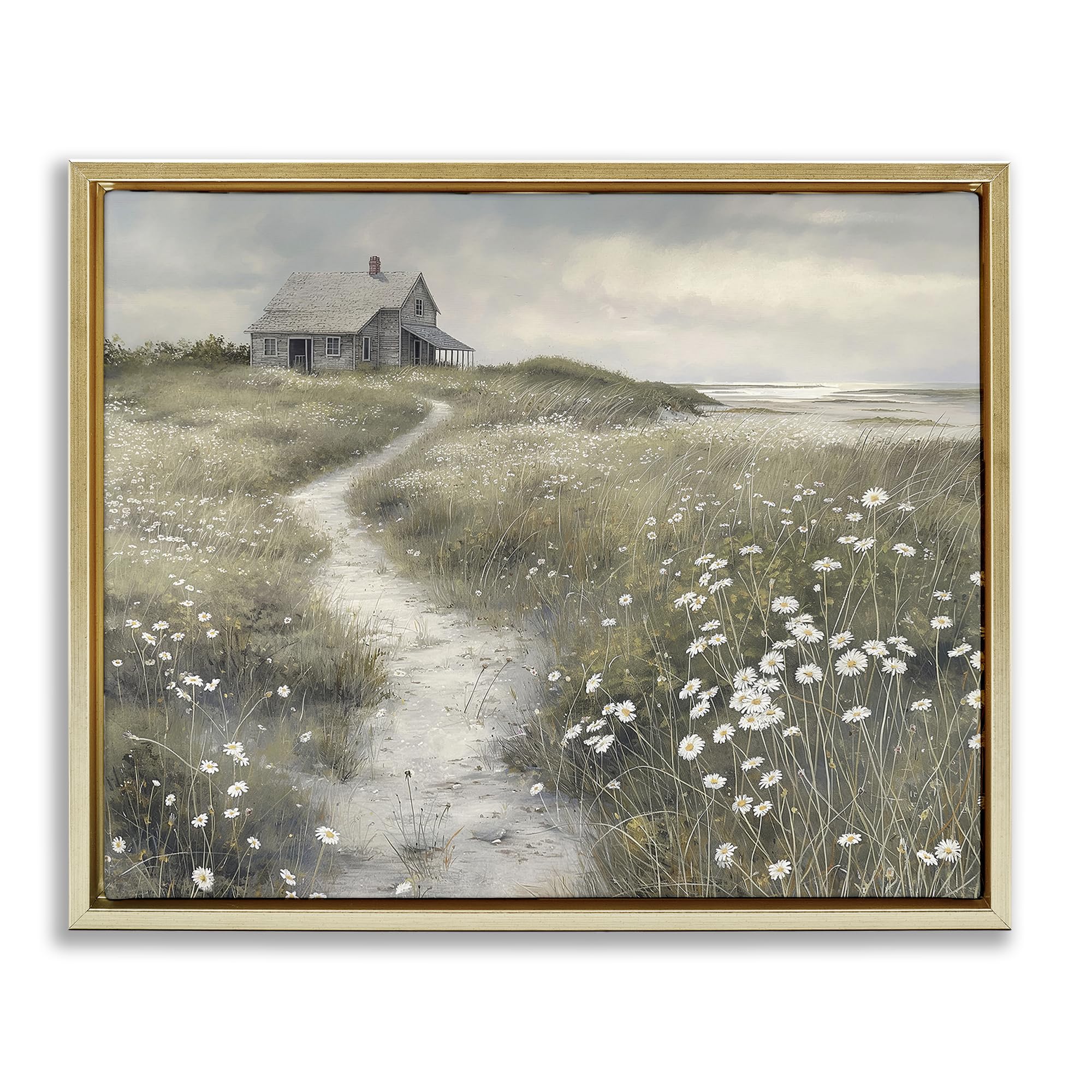 Stupell Industries Coastal Cottage Pathway with Daisies, Serene Greyscale Landscape Wall Art, 16 x 20 Inch Gallery Wrapped Canvas Wall Art in Floater Frame, by Imagine It Images, Made in USA Gift