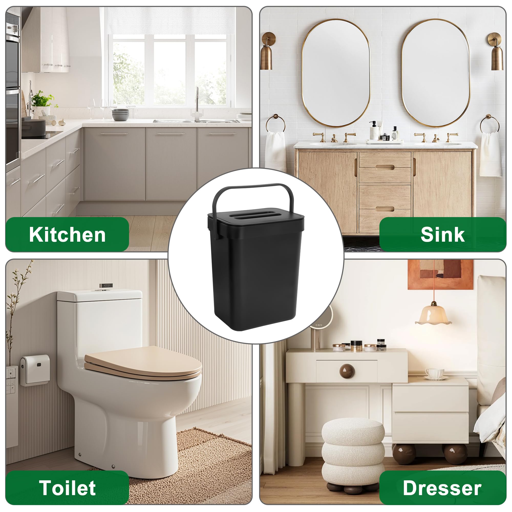 Secchio da Compost da Cucina Piccolo Bidone della Spazzatura Sospeso con Coperchio 3L Secchio di Rifiuti Organici per Cucina Nero