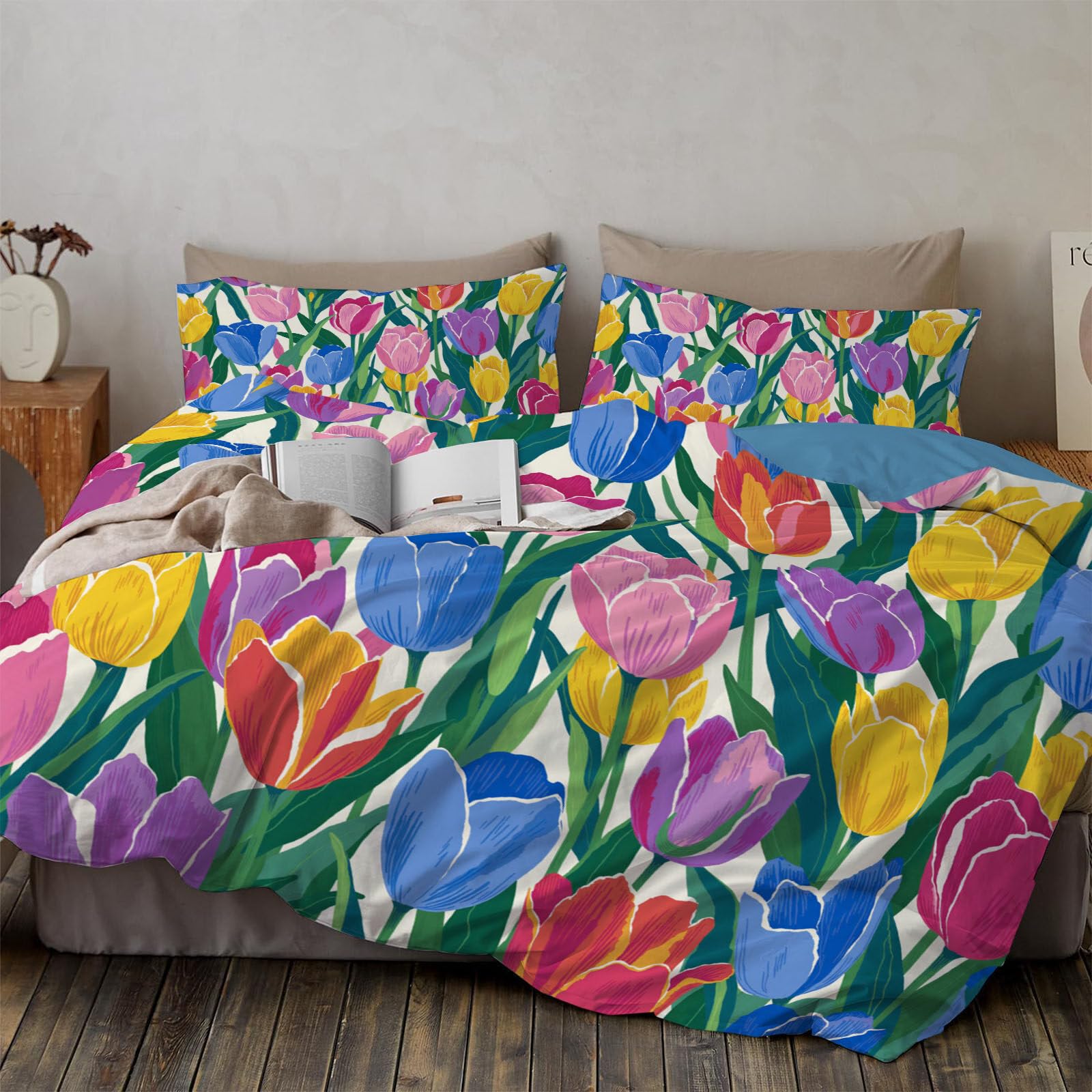 Housses de couette tulipes microfibre douce anti-plis pour lit d'enfant 1 place