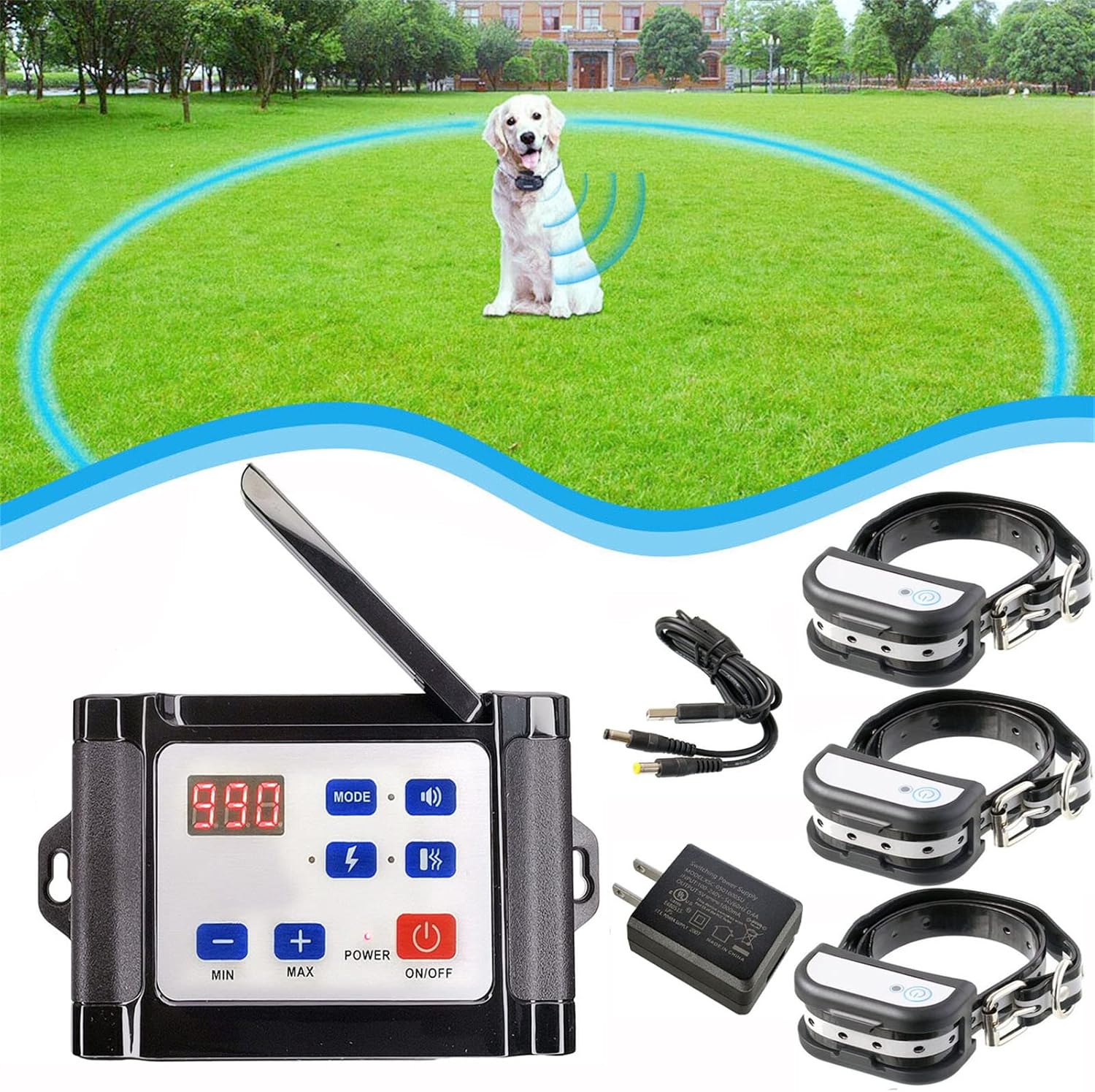 Wireless Dog Fence Pet Containment System, Covers up to 1/2 Acre, for Dogs over 8 lb, Waterproof Rechargeable Training Collar Receiver with Tone / Static Correction, Dog Boundary Container ,for 3 dogs