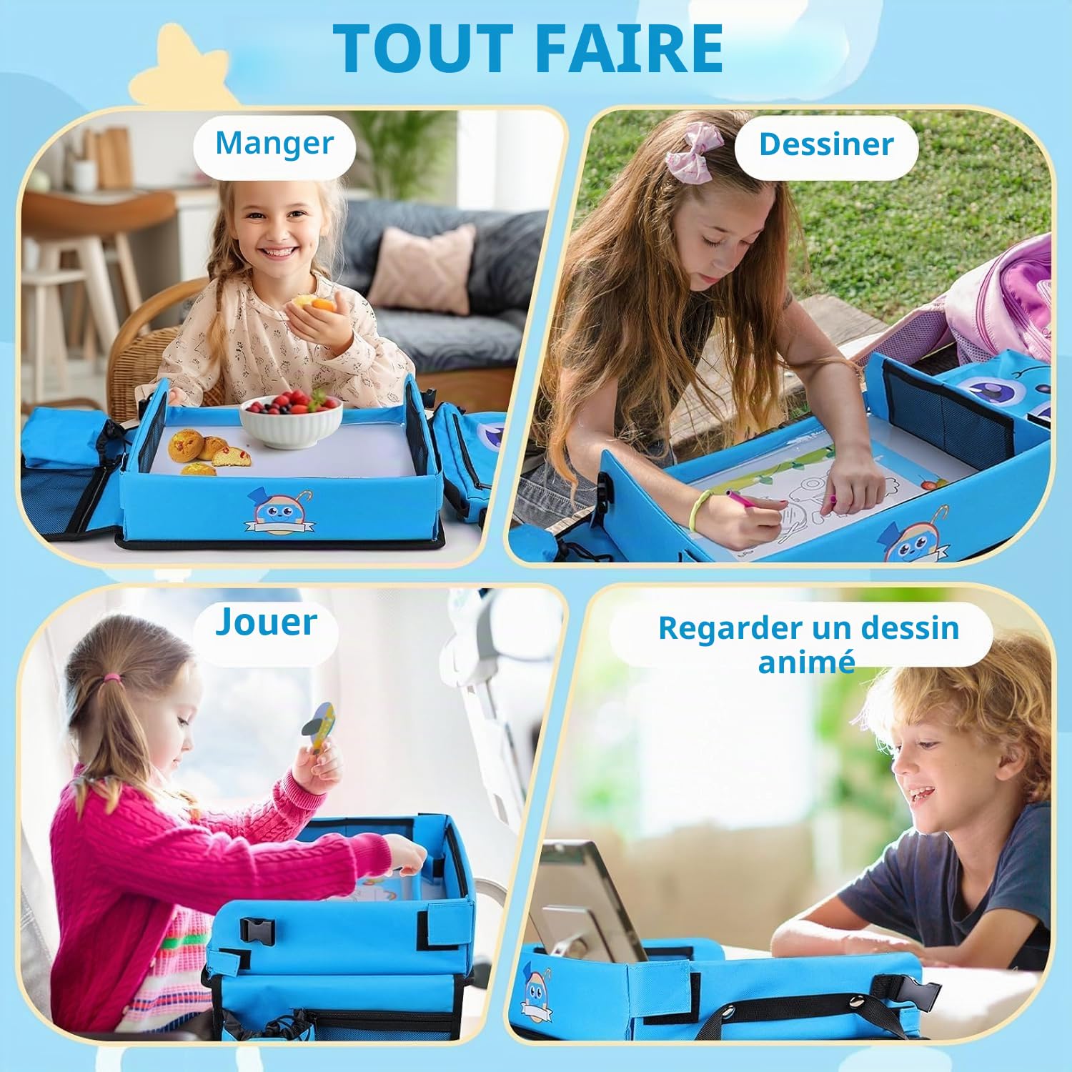 Plateau de Voyage, Plateau pour siège Auto pour Enfant avec Surface de Dessin effaçable Transparente, Plateau d'activités Polyvalent pour Enfants avec 6 stylos et 5 Cartes à Dessin