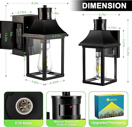 Miniatura 5 de HIHUOS Luces de porche con salida GFCI, sensor de movimiento del atardecer al amanecer, luz al aire libre, 3 modos de iluminación, luces de puerta