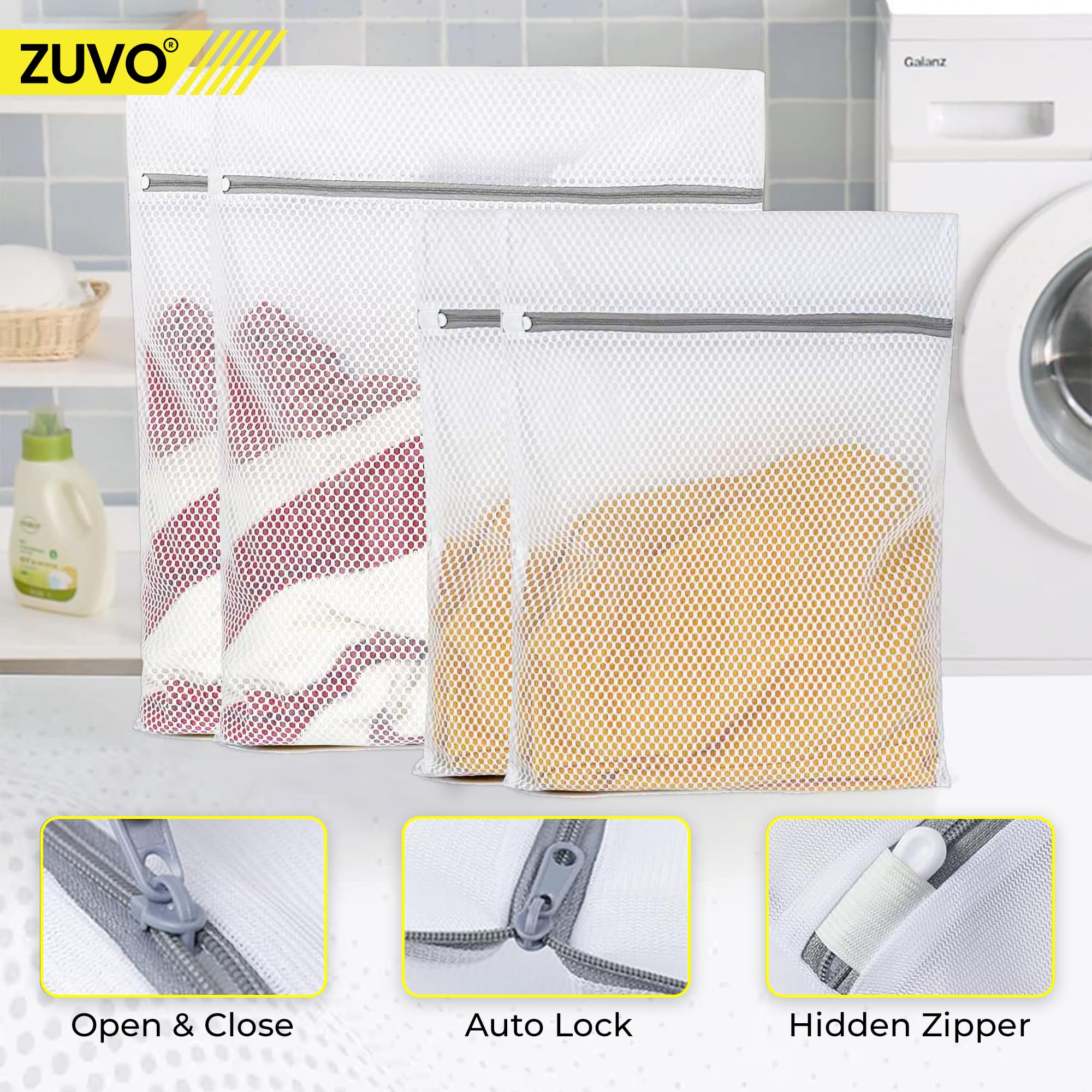 Zuvo Mesh Laundry Bags (4-Pack) - Wash Bags for Delicates Socks & Lingerie - Laundry Net Bags for Washing Machine with Zips - Image 3