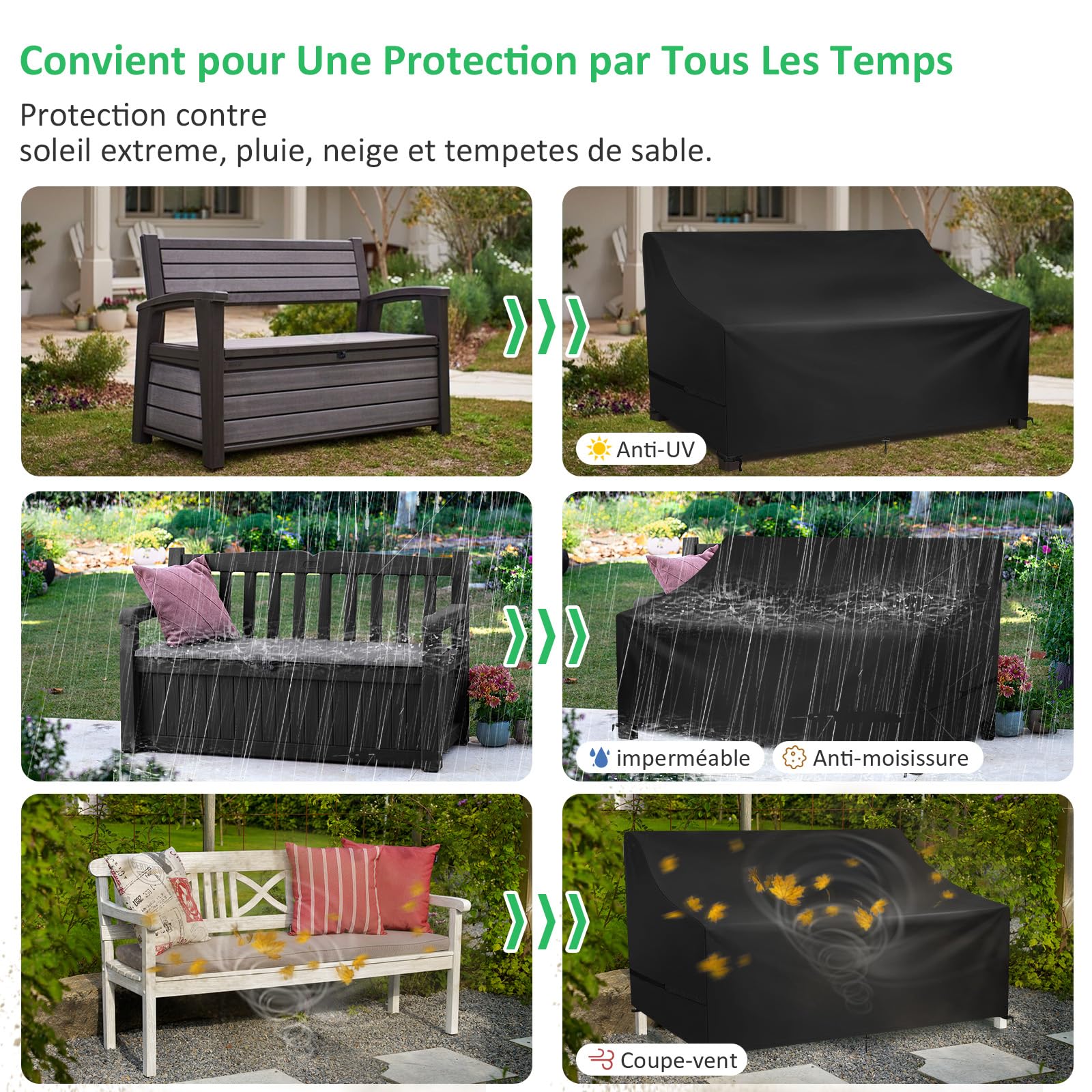 Housses de Canapés de Jardin 600D Oxford Imperméable Anti-UV Protection Banc Extérieur 190x70x65/94cm