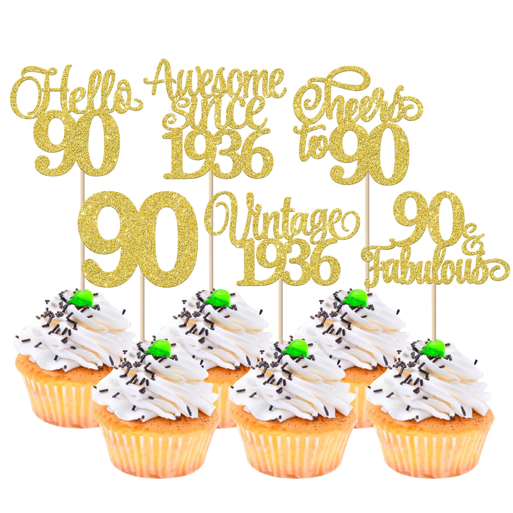 Xsstarmi 24 Pack Vintage 1936 Cupcake Toppers Glitter Gold Hello 90 Fabulous Cupcake Picks Cheers to 90 Years Birthday Cake Decorations for Happy 90th Birthday Anniversary Party Supplies โ image 1