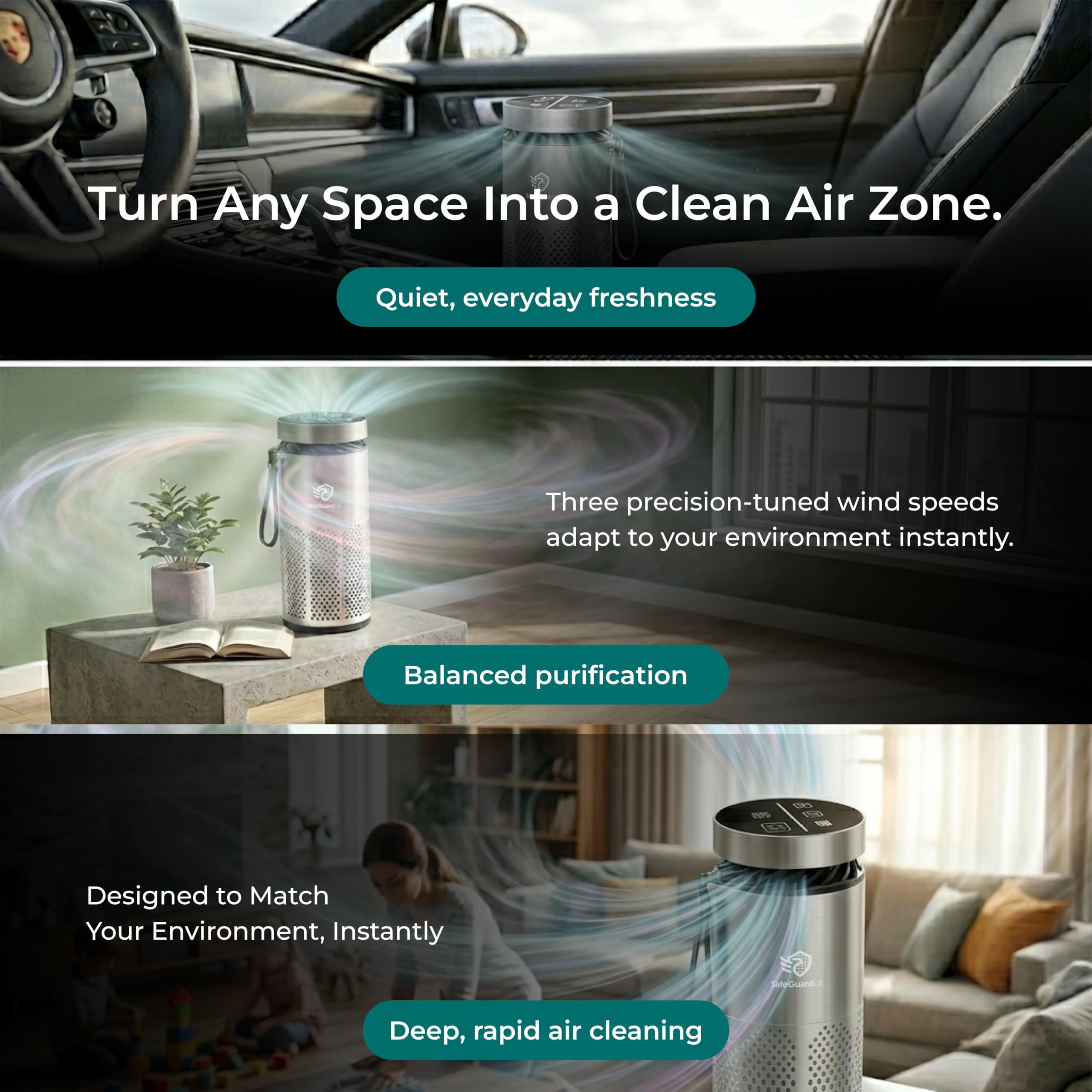 SafeGuard Air Car Air Purifier with True H13 HEPA filtration & Smart Touch Display | 3-Speed Airflow | Ultra-Quiet | Cup Holder Design | Portable Air Purifier | Battery Operated 1