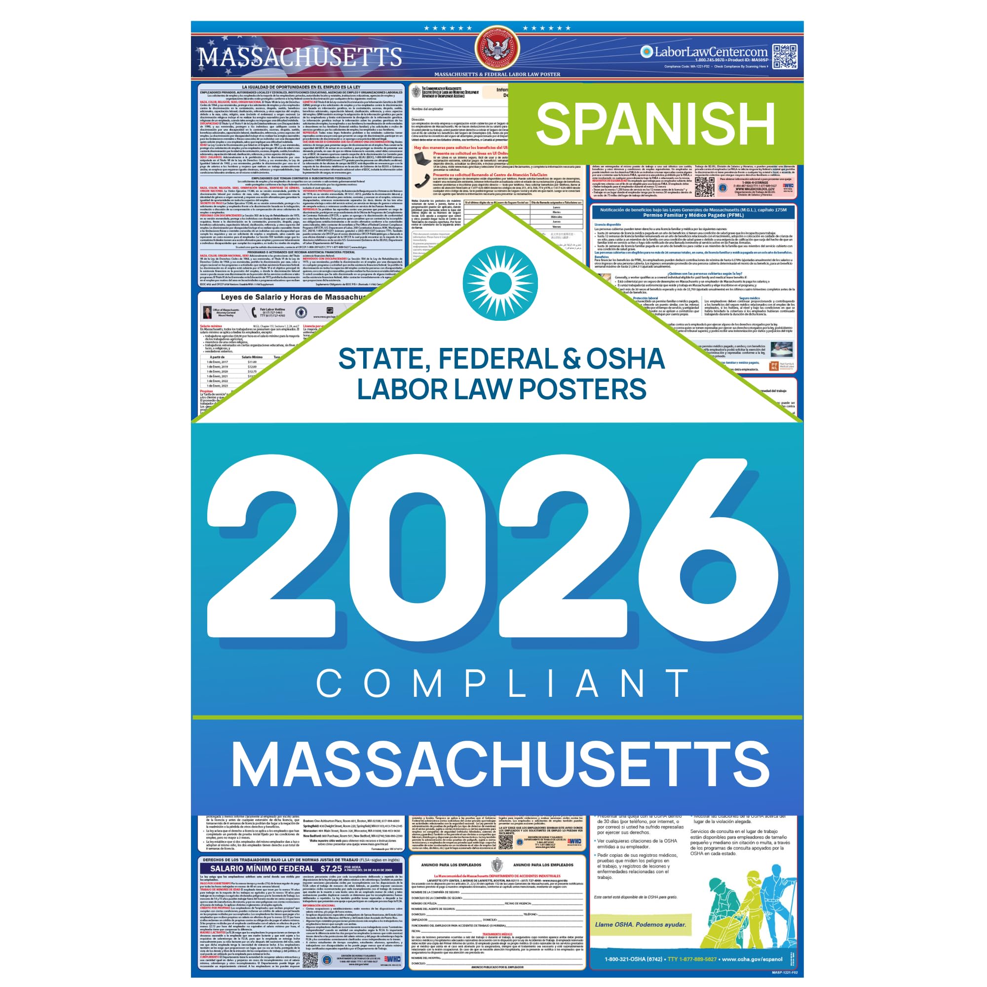 2026 Massachusetts Labor Law Poster – State & Federal Compliance in Spanish – OSHA, EEOC, FMLA, Minimum Wage – Durable, Laminated & Waterproof