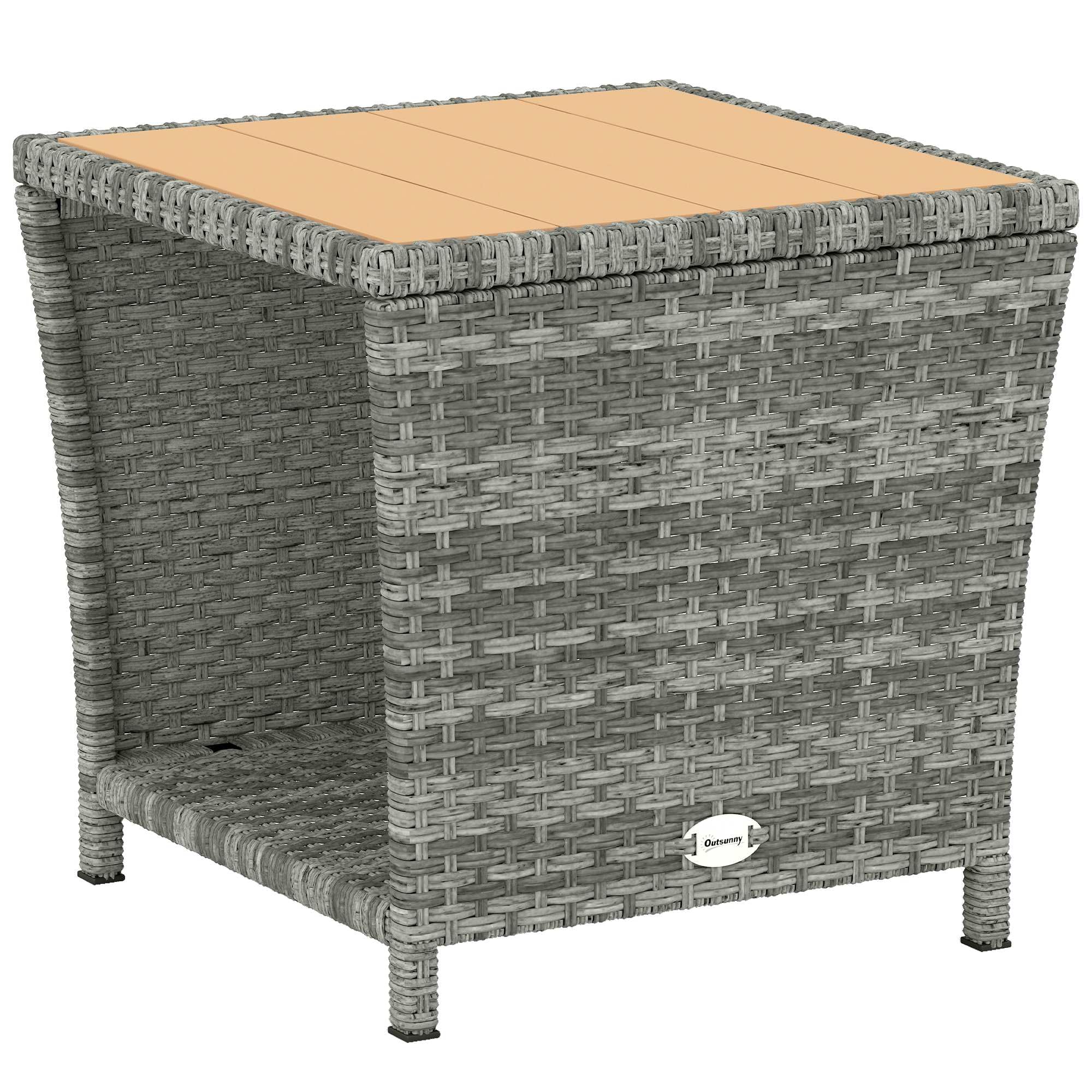 Outsunny 2-Tier PE Rattan Side Table with Storage Shelf, Square Outdoor Coffee Table with PS Wood Slat Top, UV-Resistant for Patio, Garden, Balcony, Grey — view 11